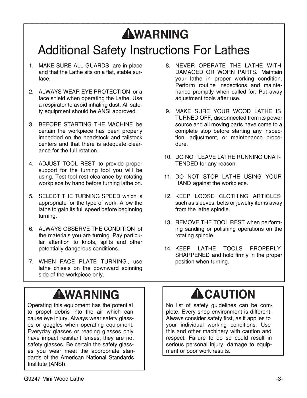 Grizzly G9247 instruction manual Additional Safety Instructions For Lathes 