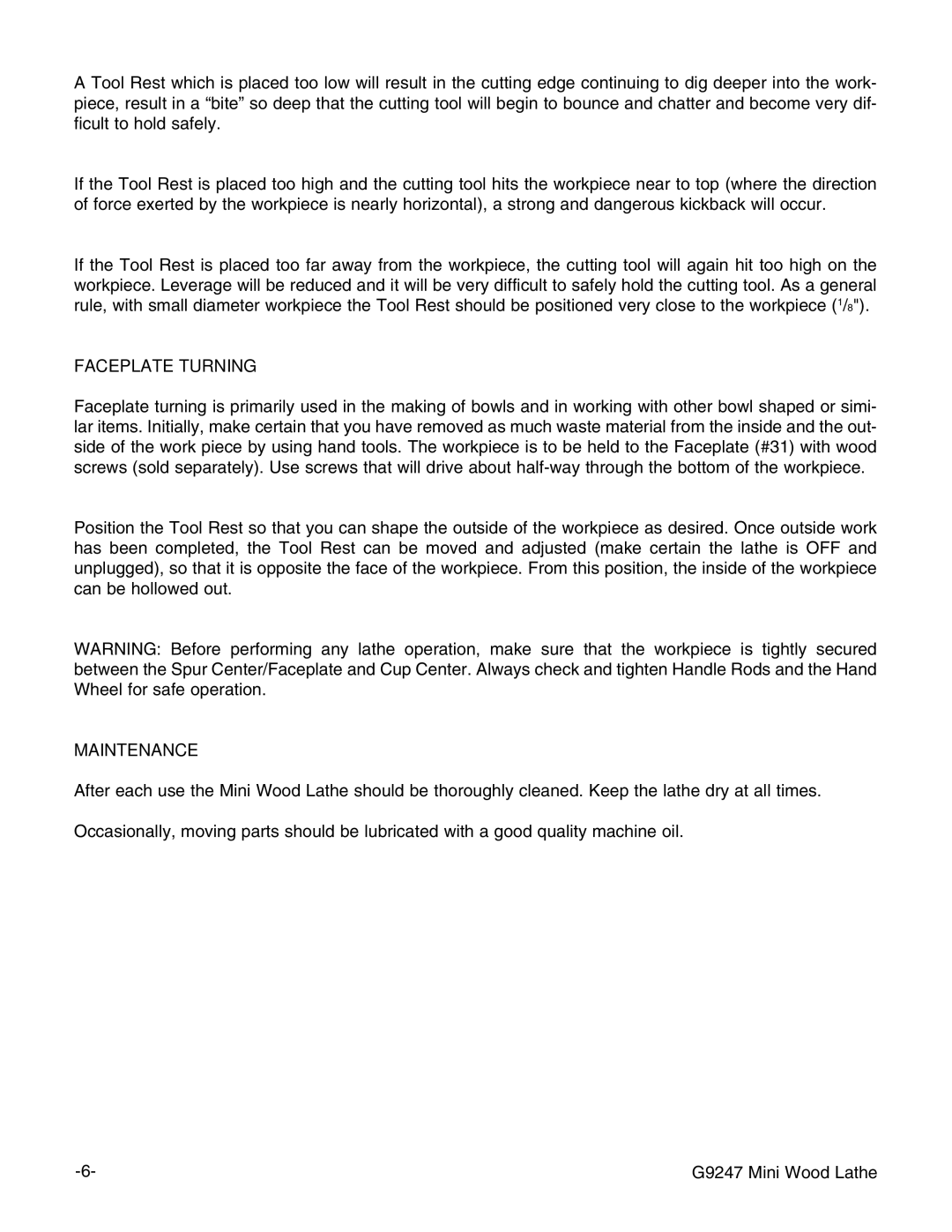 Grizzly G9247 instruction manual Faceplate Turning, Maintenance 