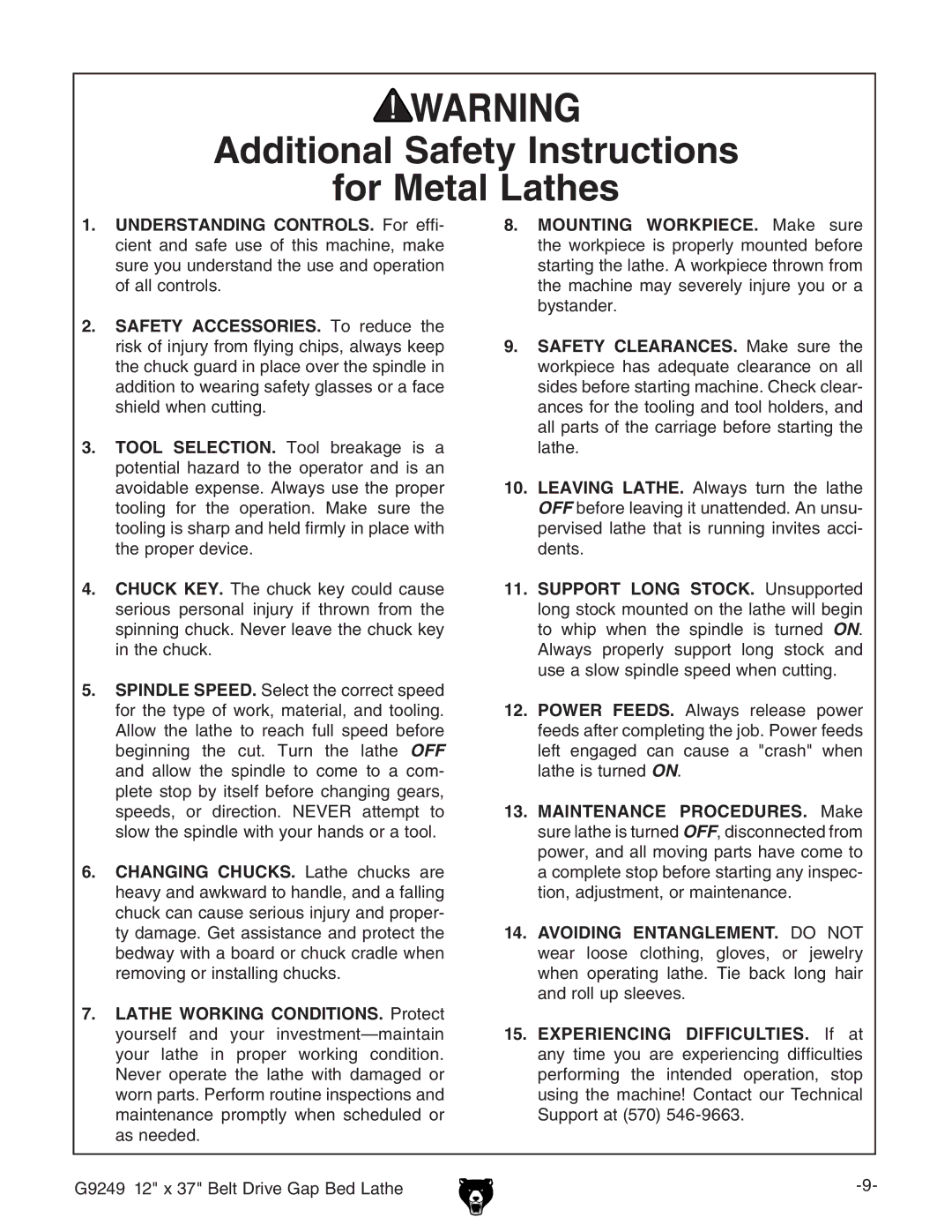 Grizzly G9249 owner manual Additional Safety Instructions For Metal Lathes 