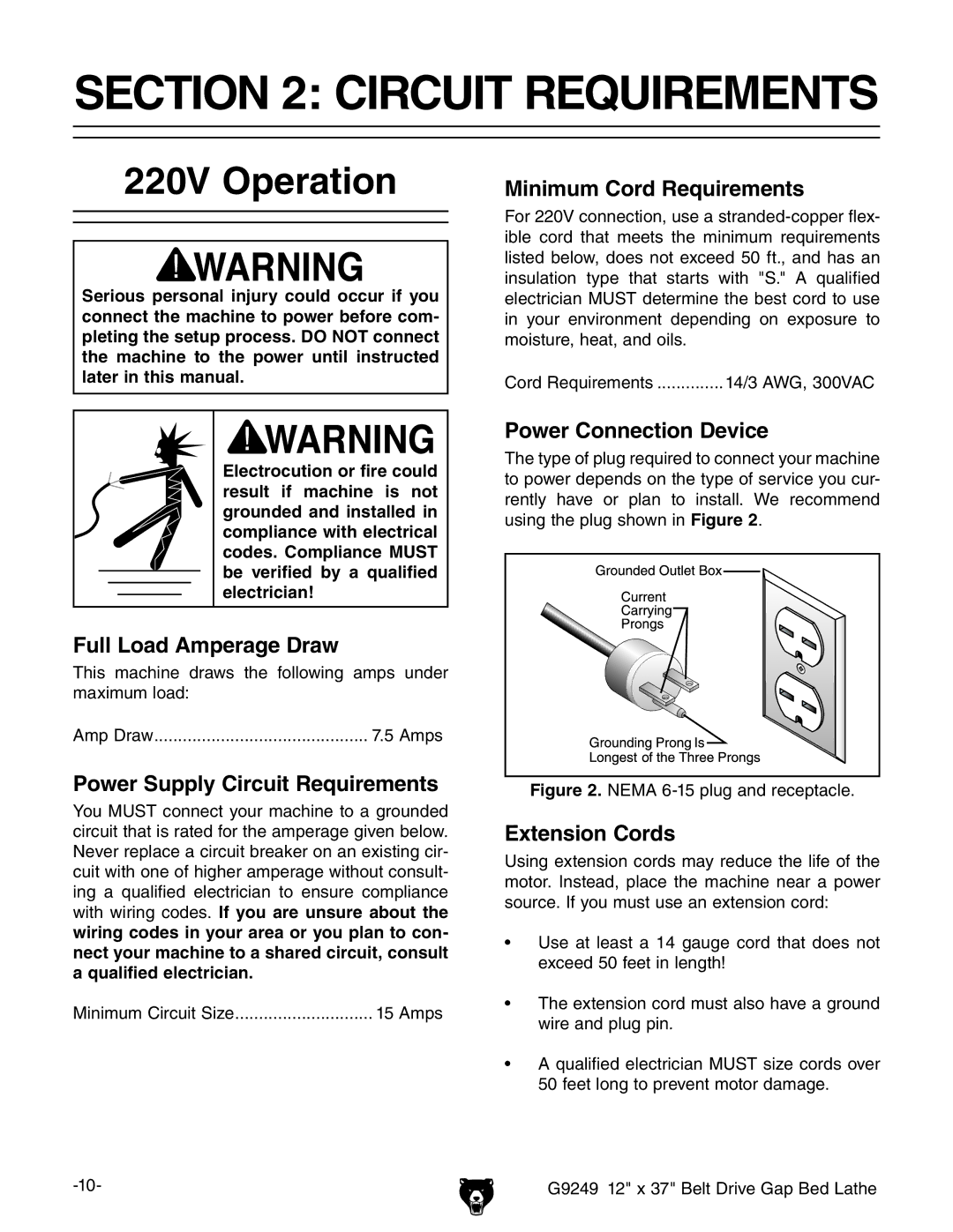 Grizzly G9249 owner manual Circuit Requirements, 220V Operation 