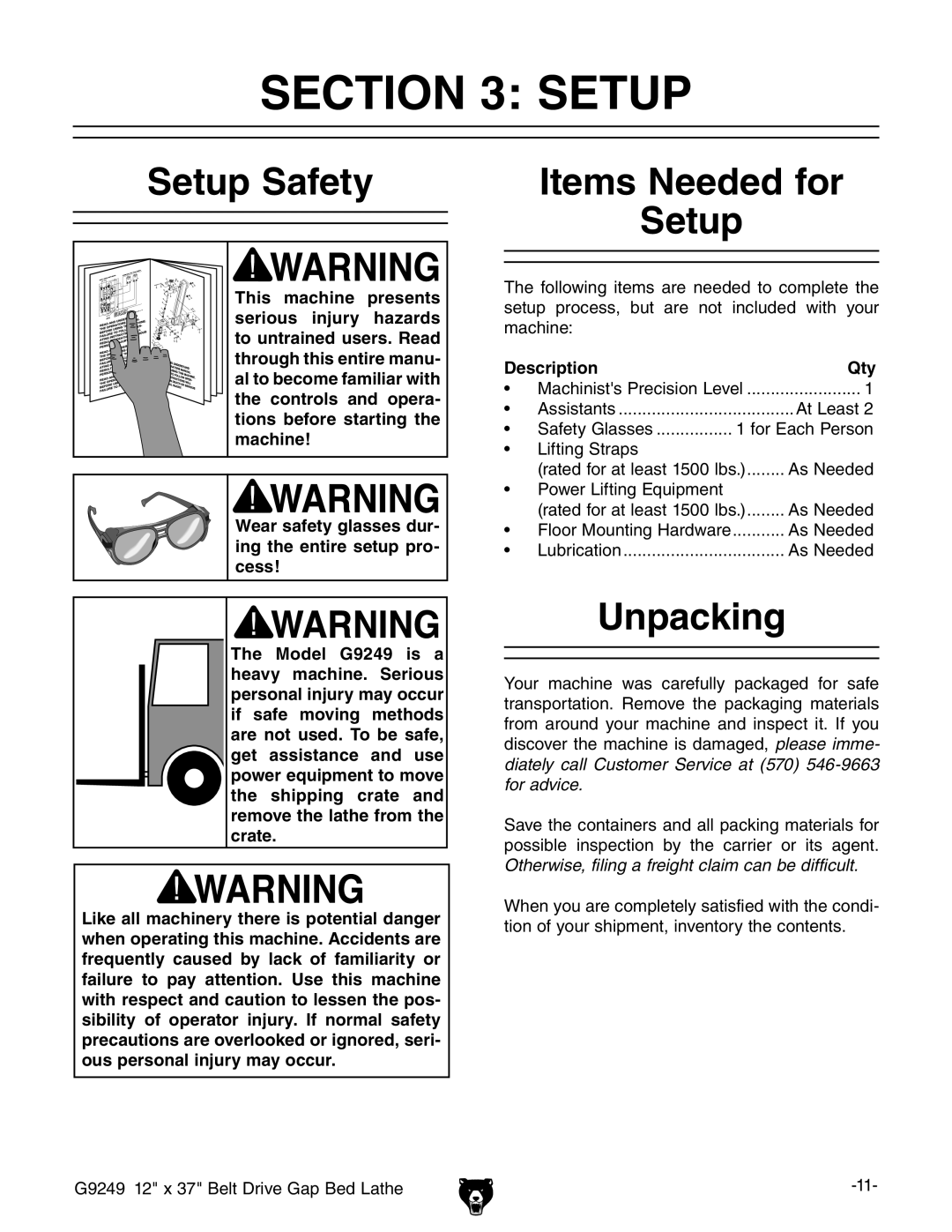 Grizzly G9249 owner manual Setup Safety, Items Needed for Setup, Unpacking, Description Qty 