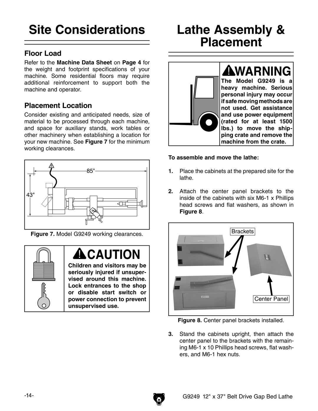 Grizzly G9249 owner manual Site Considerations, Lathe Assembly Placement, Floor Load, Placement Location 