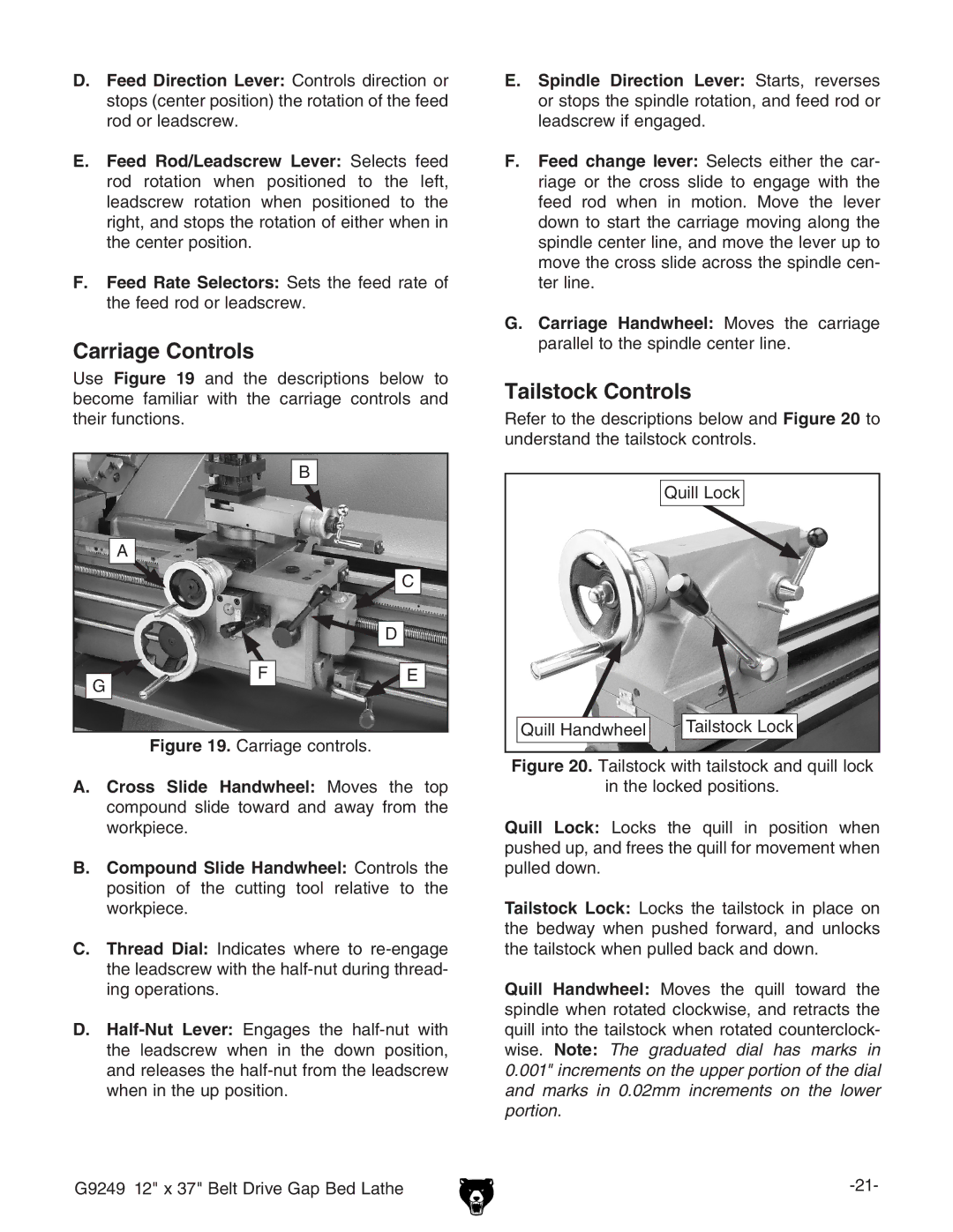 Grizzly G9249 owner manual Carriage Controls, Tailstock Controls 