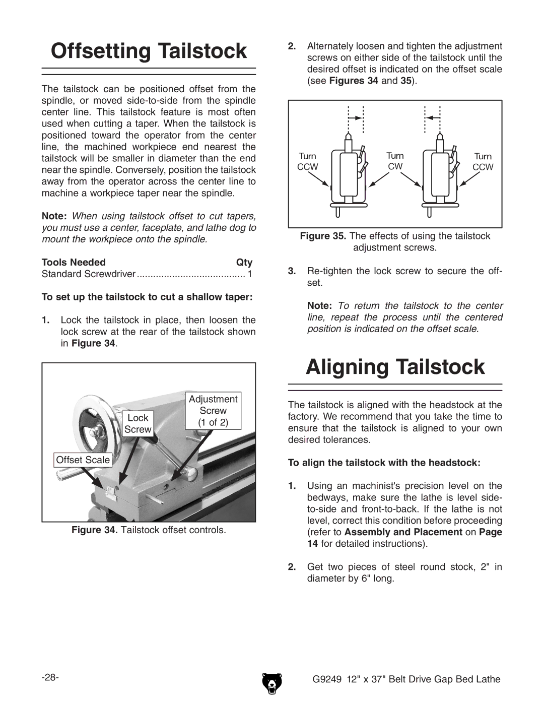 Grizzly G9249 owner manual Offsetting Tailstock, Aligning Tailstock, To set up the tailstock to cut a shallow taper 