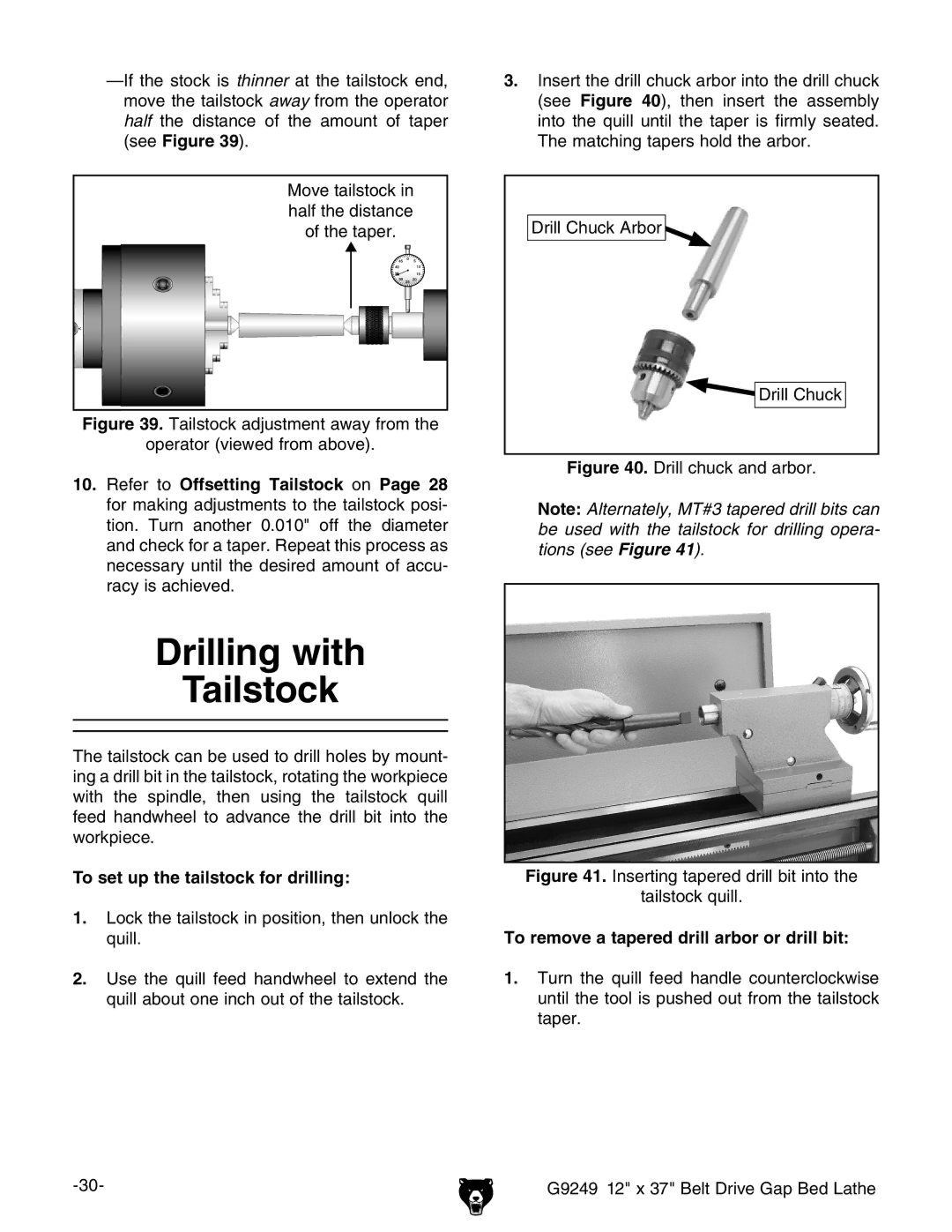 Grizzly G9249 Drilling with Tailstock, To set up the tailstock for drilling, To remove a tapered drill arbor or drill bit 