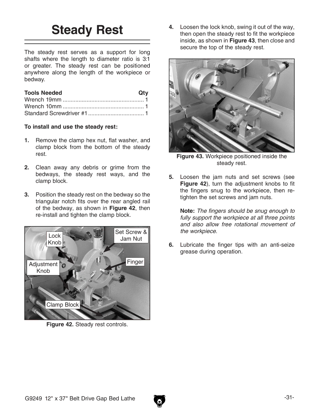 Grizzly G9249 owner manual Steady Rest, To install and use the steady rest 