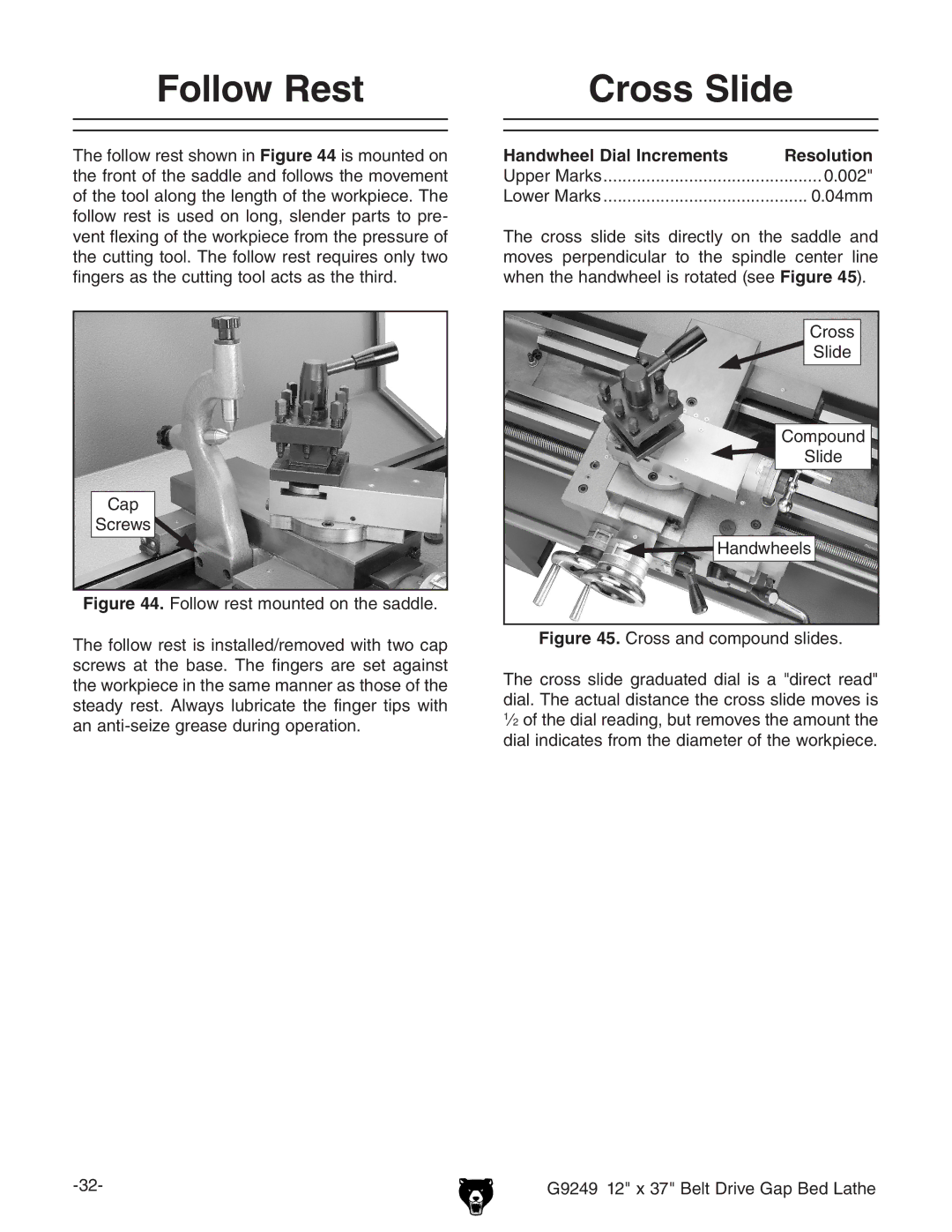 Grizzly G9249 owner manual Follow Rest, Cross Slide, Handwheel Dial Increments 