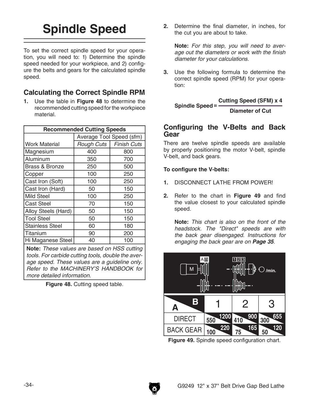 Grizzly G9249 owner manual Spindle Speed, Calculating the Correct Spindle RPM, Configuring the V-Belts and Back Gear 