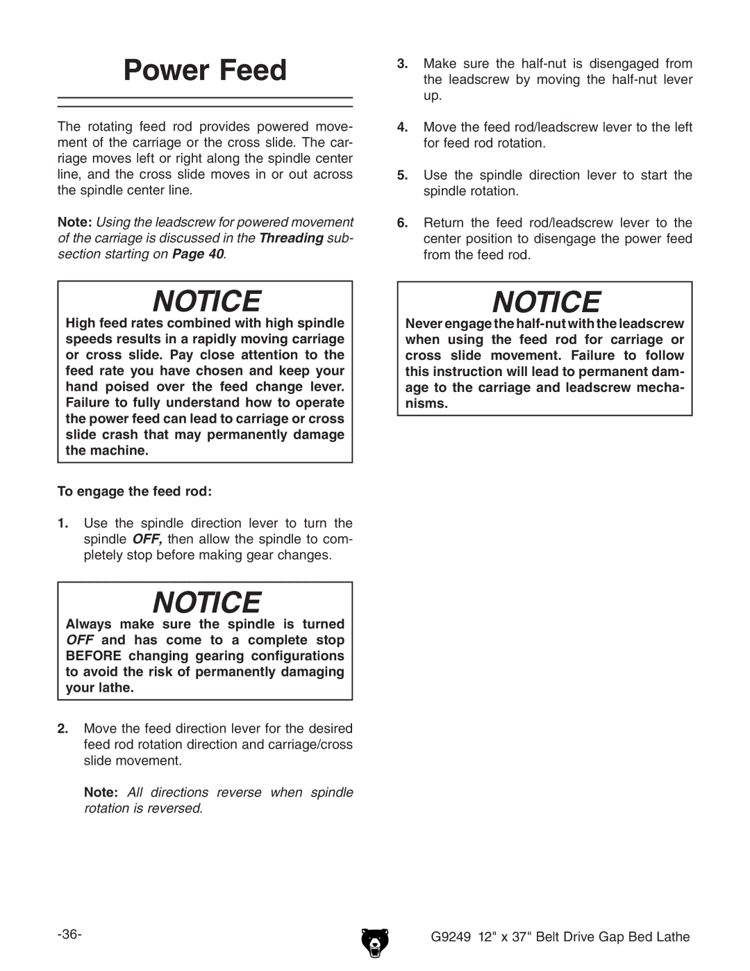 Grizzly G9249 owner manual Power Feed 