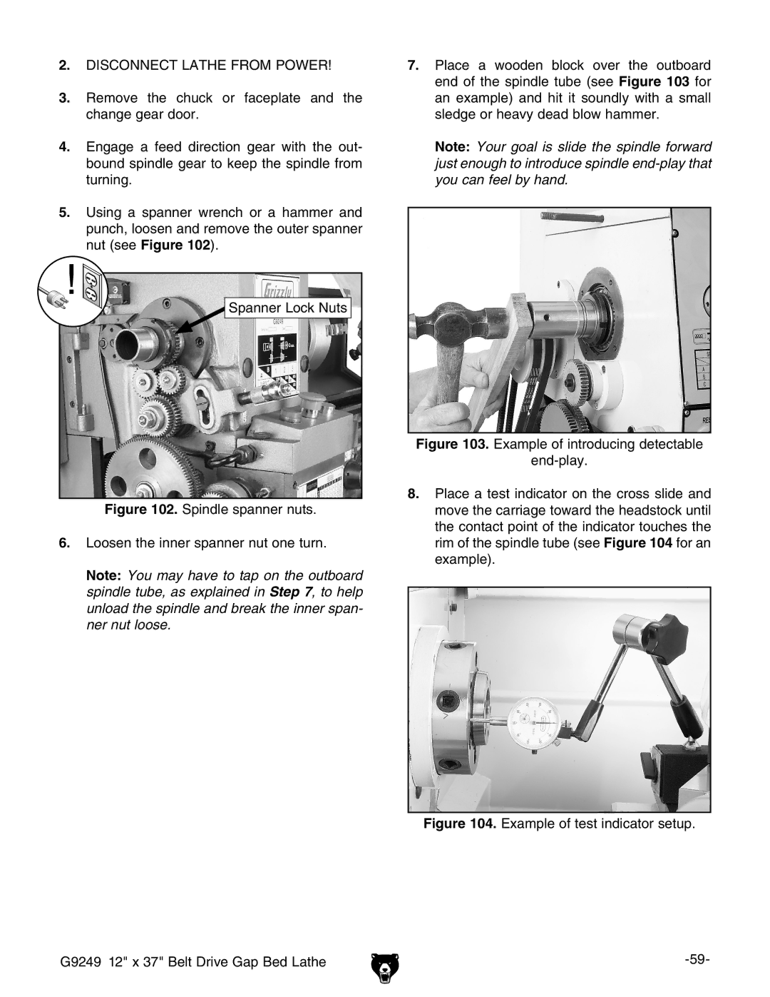 Grizzly G9249 owner manual Disconnect Lathe from Power 