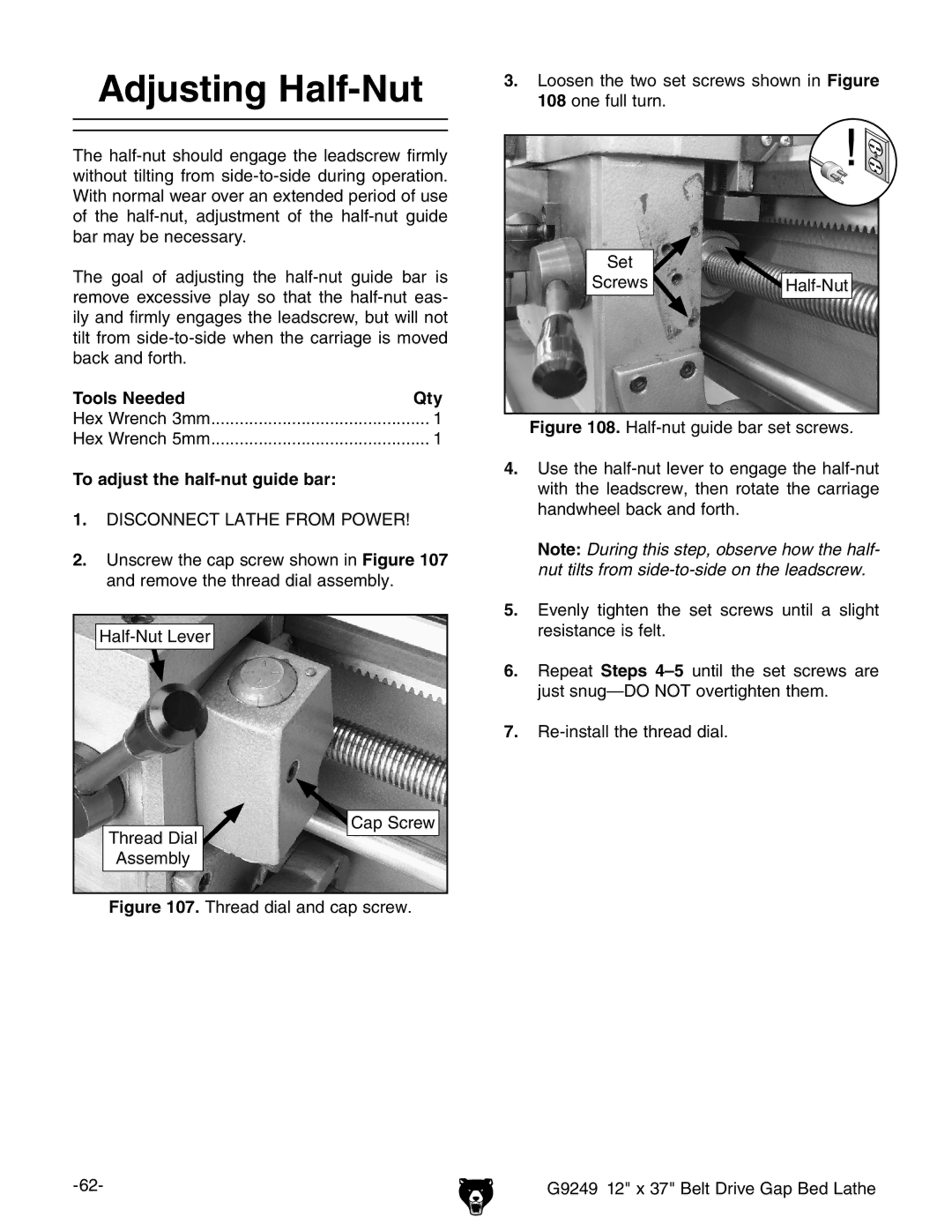 Grizzly G9249 owner manual Adjusting Half-Nut, To adjust the half-nut guide bar 