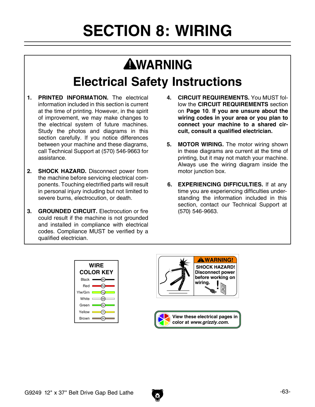 Grizzly G9249 owner manual Wiring, Electrical Safety Instructions 