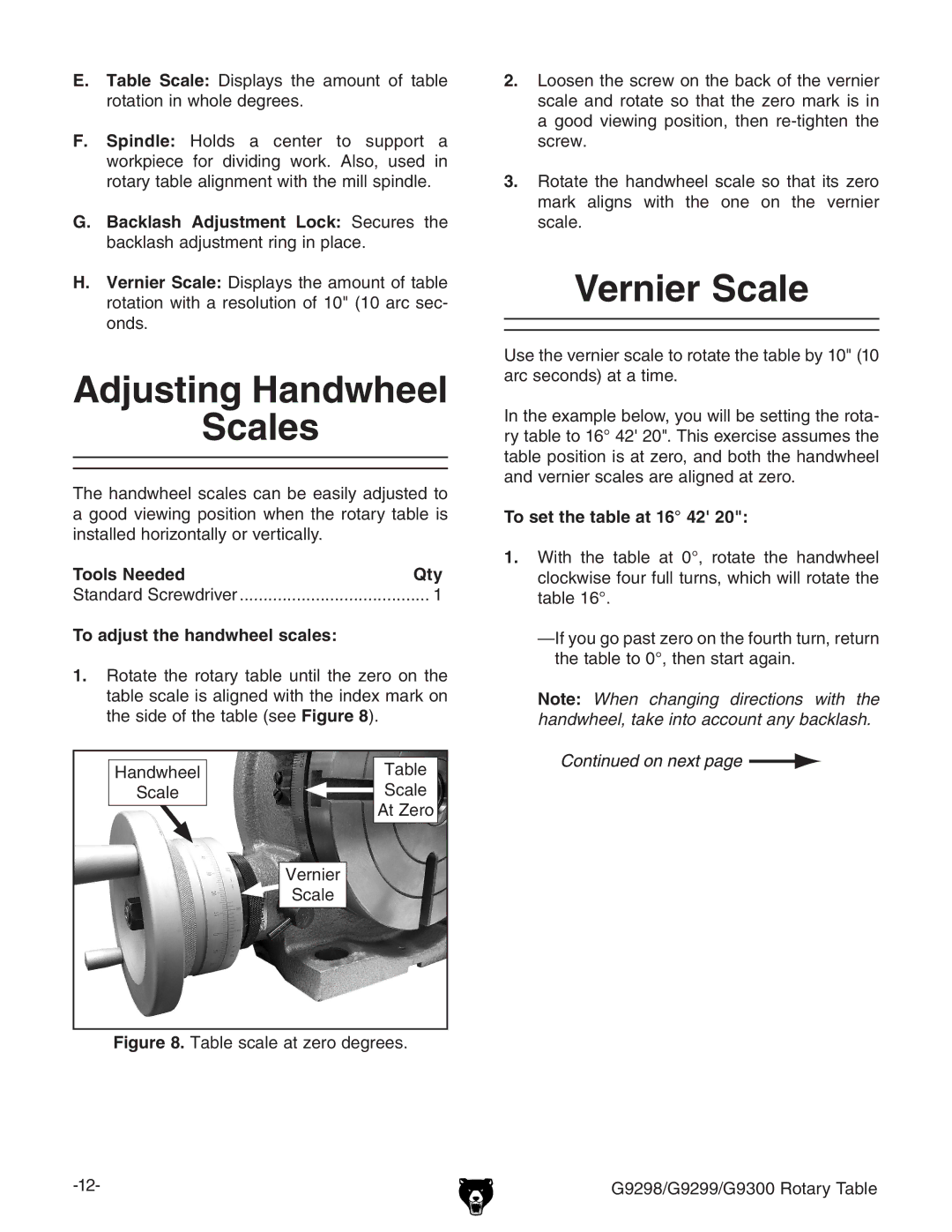 Grizzly G9298 owner manual Adjusting Handwheel Scales, Vernier Scale, Tools Needed Qty, To adjust the handwheel scales 