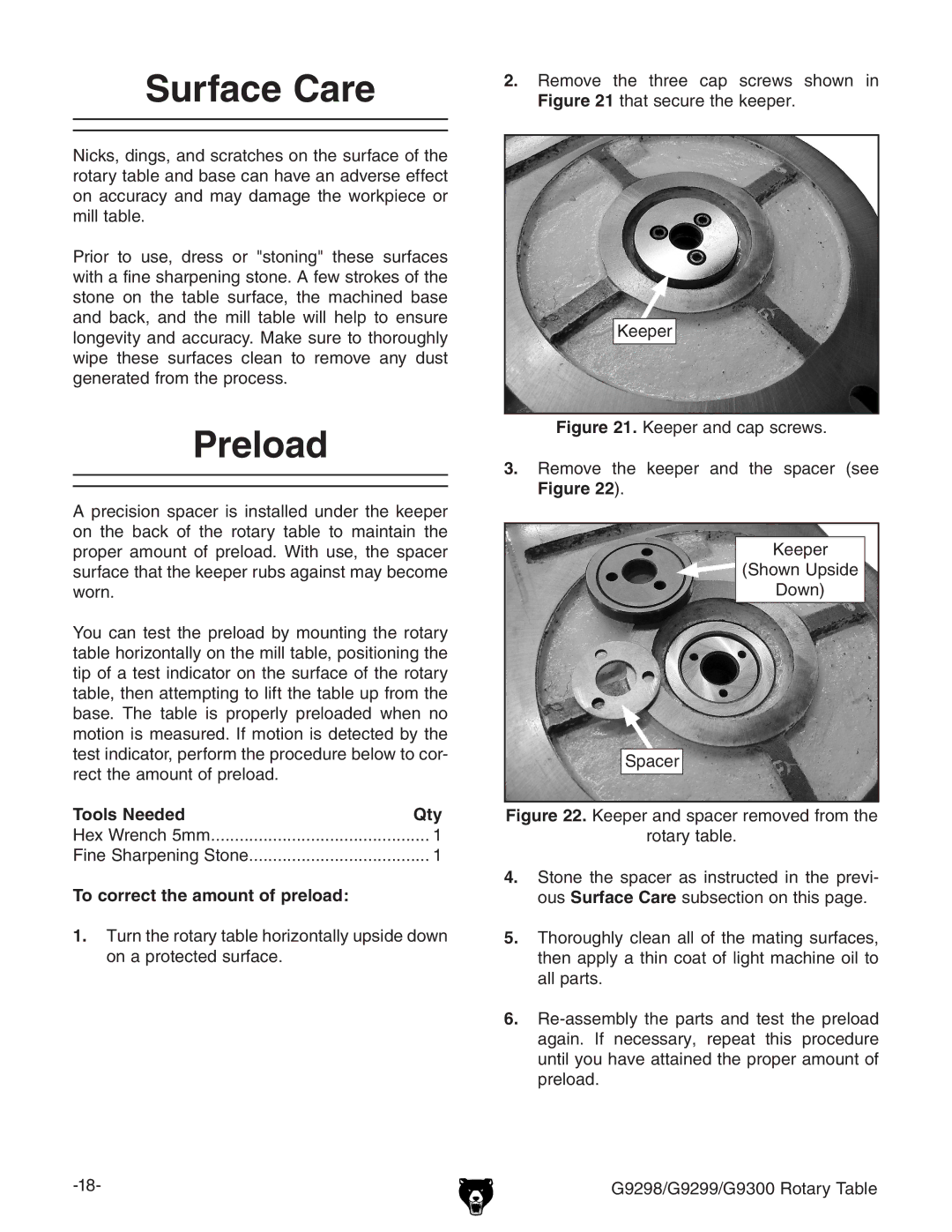 Grizzly G9298 owner manual Surface Care, Preload, To correct the amount of preload 