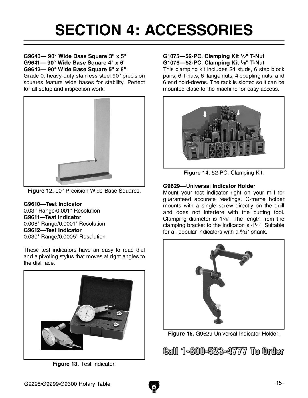 Grizzly G9298 owner manual Accessories, G9610-Test Indicator, G9611-Test Indicator, G9612-Test Indicator 