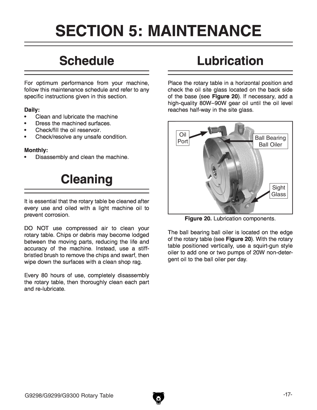 Grizzly G9298 owner manual Maintenance, Schedule, Cleaning, Lubrication, Daily, Monthly 