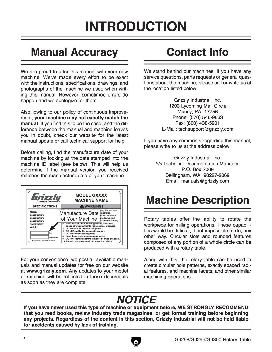 Grizzly G9298 owner manual Introduction, Manual Accuracy, Contact Info, Machine Description 