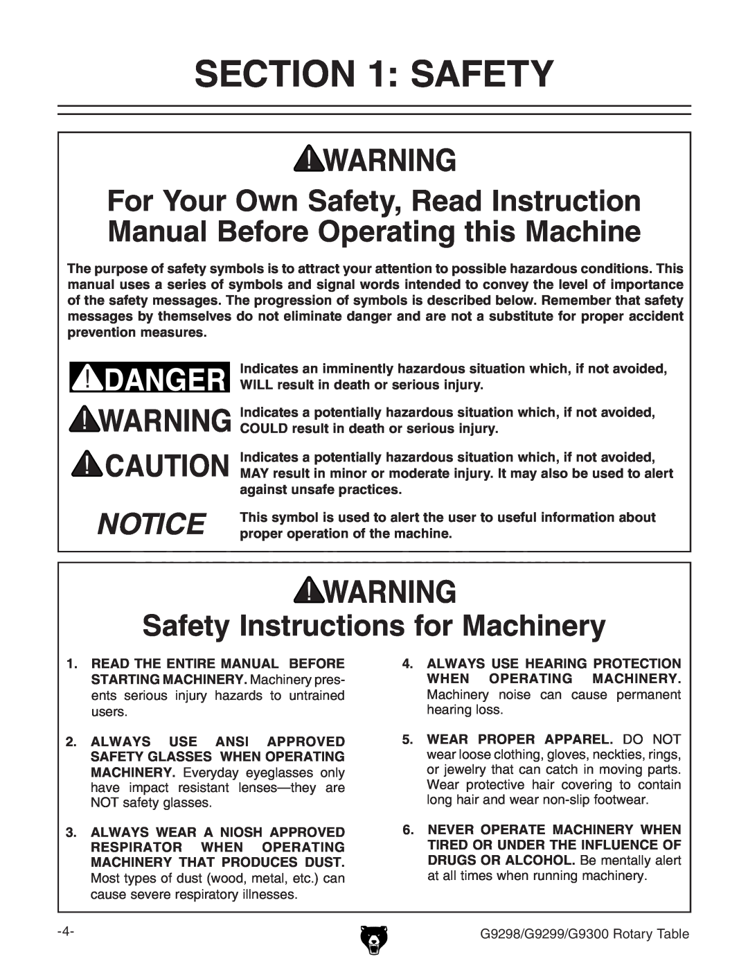 Grizzly G9298 Safety Instructions for Machinery, Indicates an imminently hazardous situation which, if not avoided 