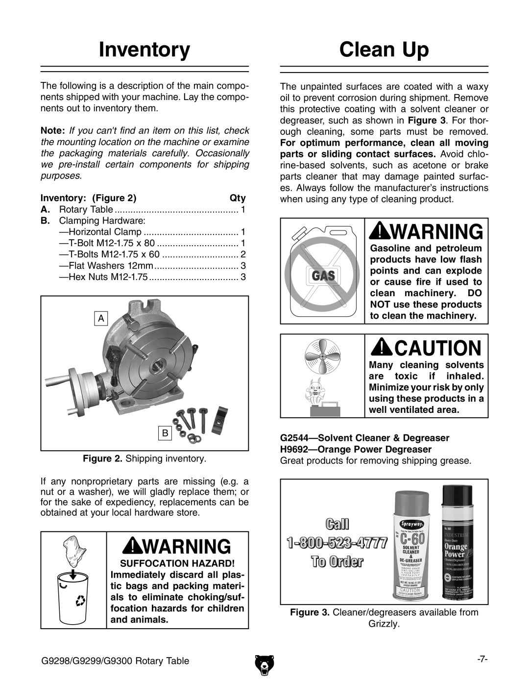 Grizzly G9298 owner manual Clean Up, Inventory Figure, Suffocation Hazard 