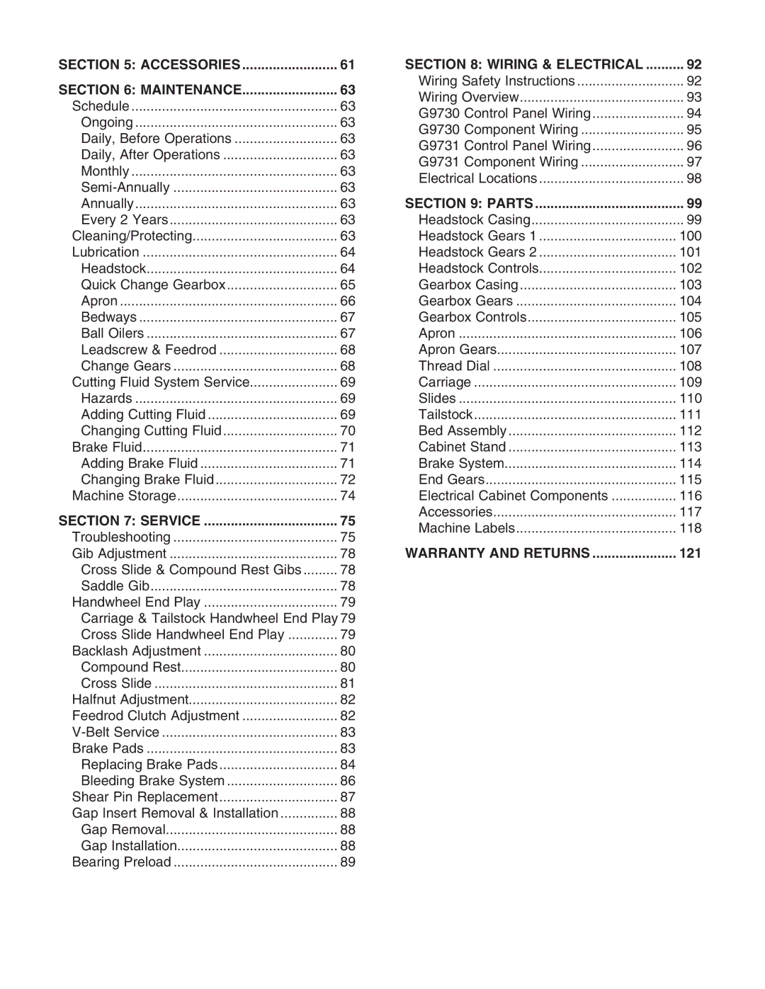 Grizzly G97030 owner manual Accessories Maintenance, Service, Parts, Warranty and Returns 