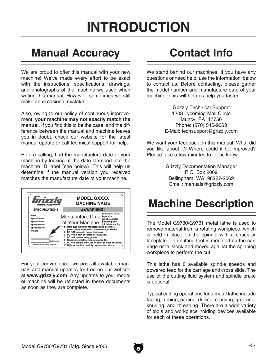 Grizzly G97030 Manual Accuracy Contact Info, Machine Description, NdjgBVXcZ, Gooan9dXjbZciVidcBVcV\Zg #D#7dm%+ 