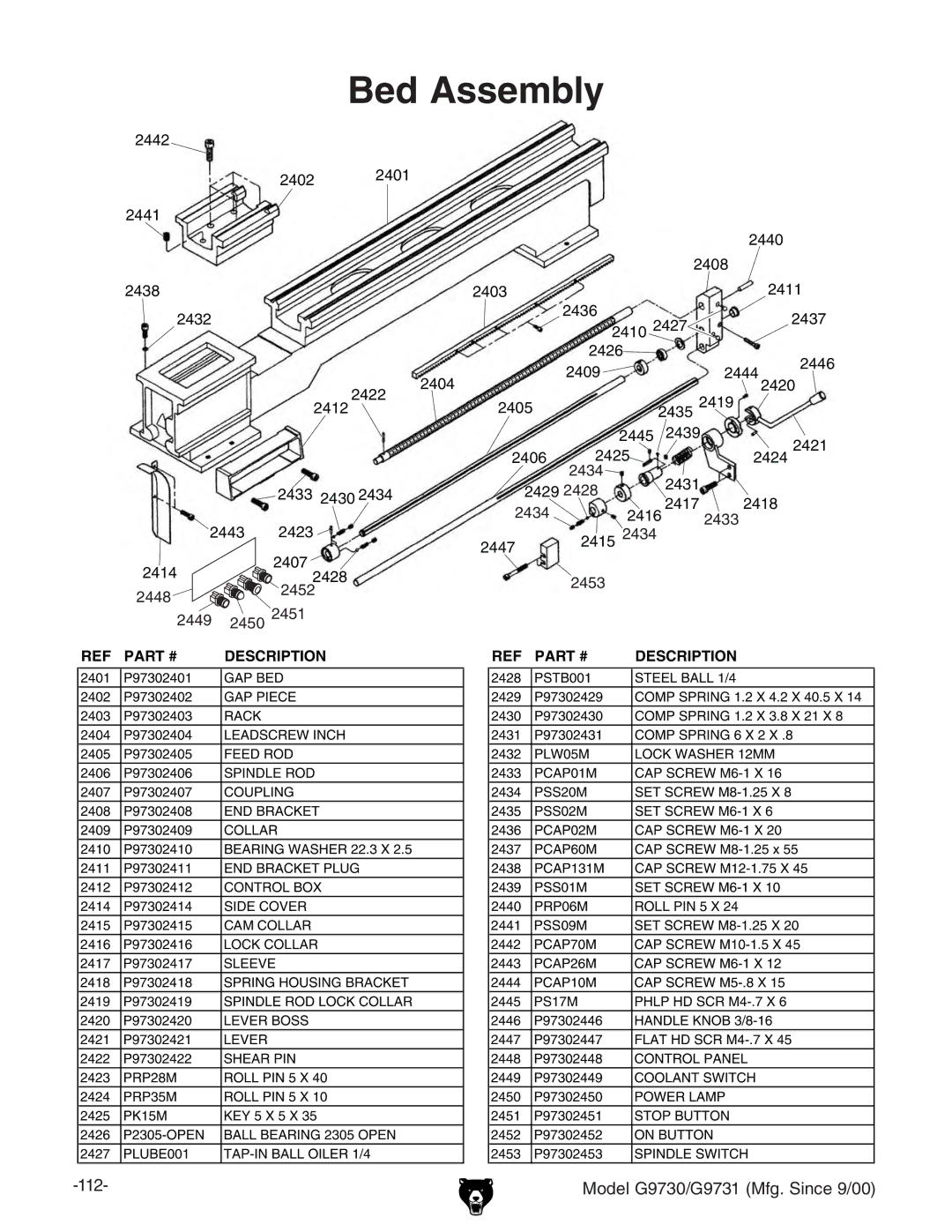 Grizzly G97030 owner manual Bed Assembly 