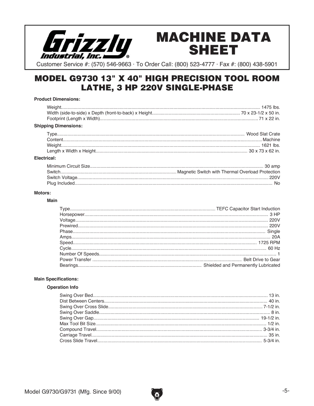 Grizzly G97030 owner manual Shipping Dimensions 