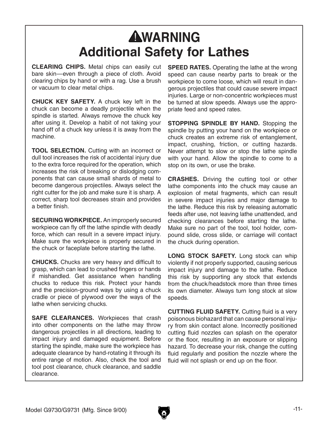 Grizzly G97030 owner manual Additional Safety for Lathes 