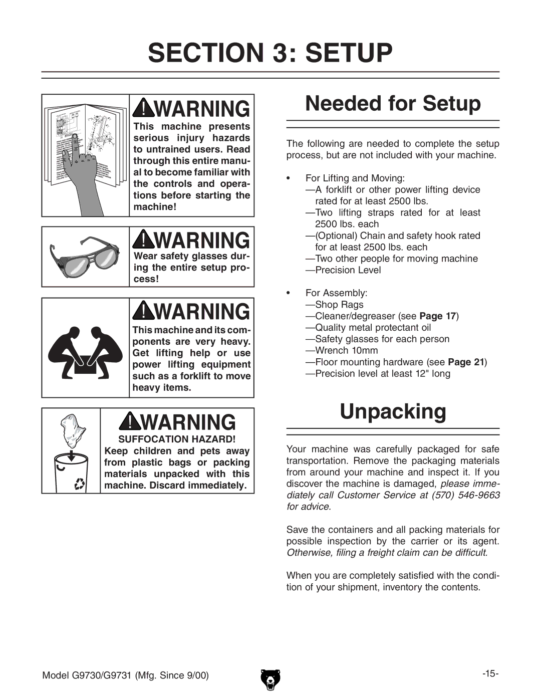 Grizzly G97030 owner manual Needed for Setup, Unpacking, ™ dgAic\VcYBdkc, ™ dg6hhZbWan/ HdeGV\h 