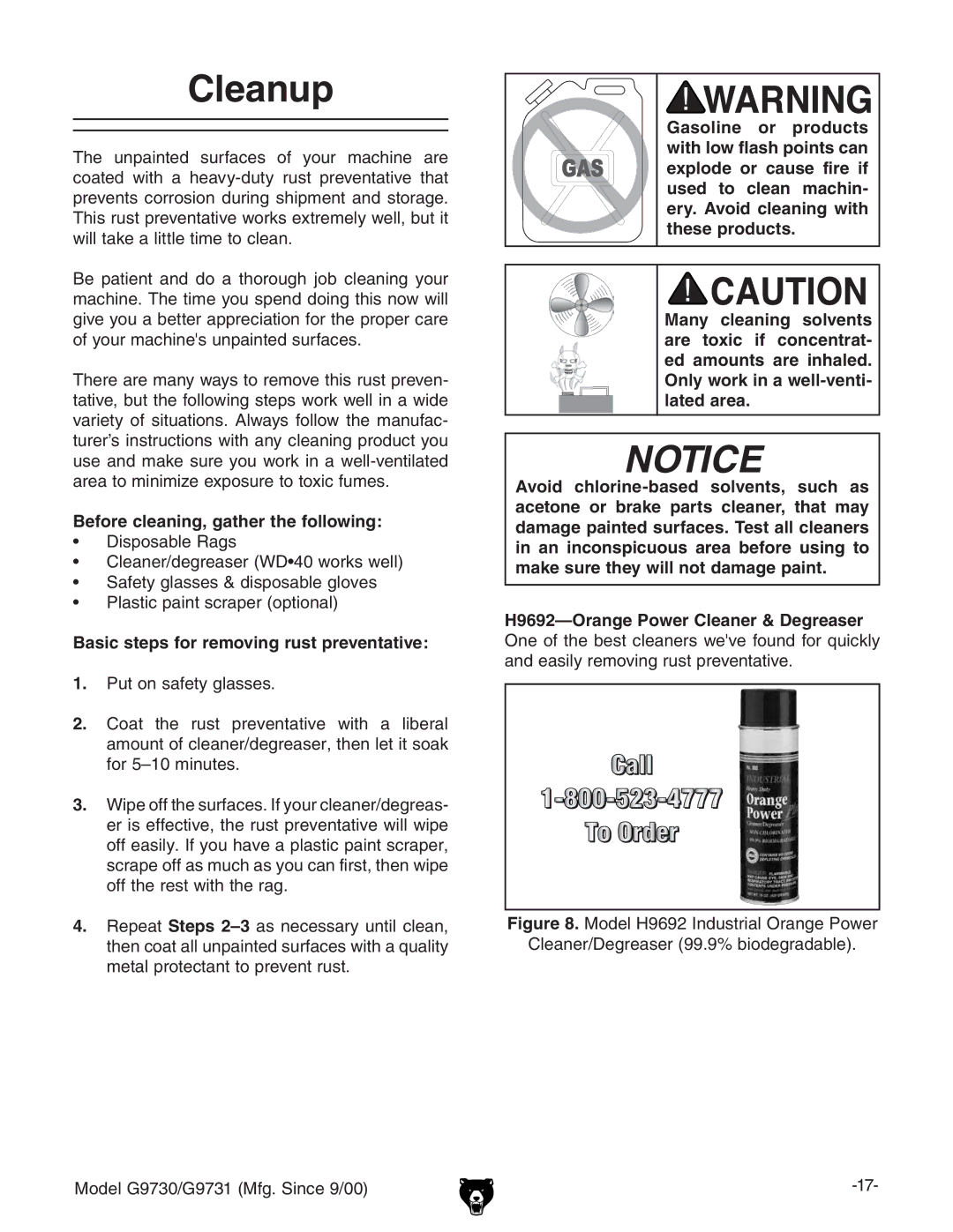 Grizzly G97030 owner manual Cleanup, Basic steps for removing rust preventative,  EjidchVZin\aVhhZh# 