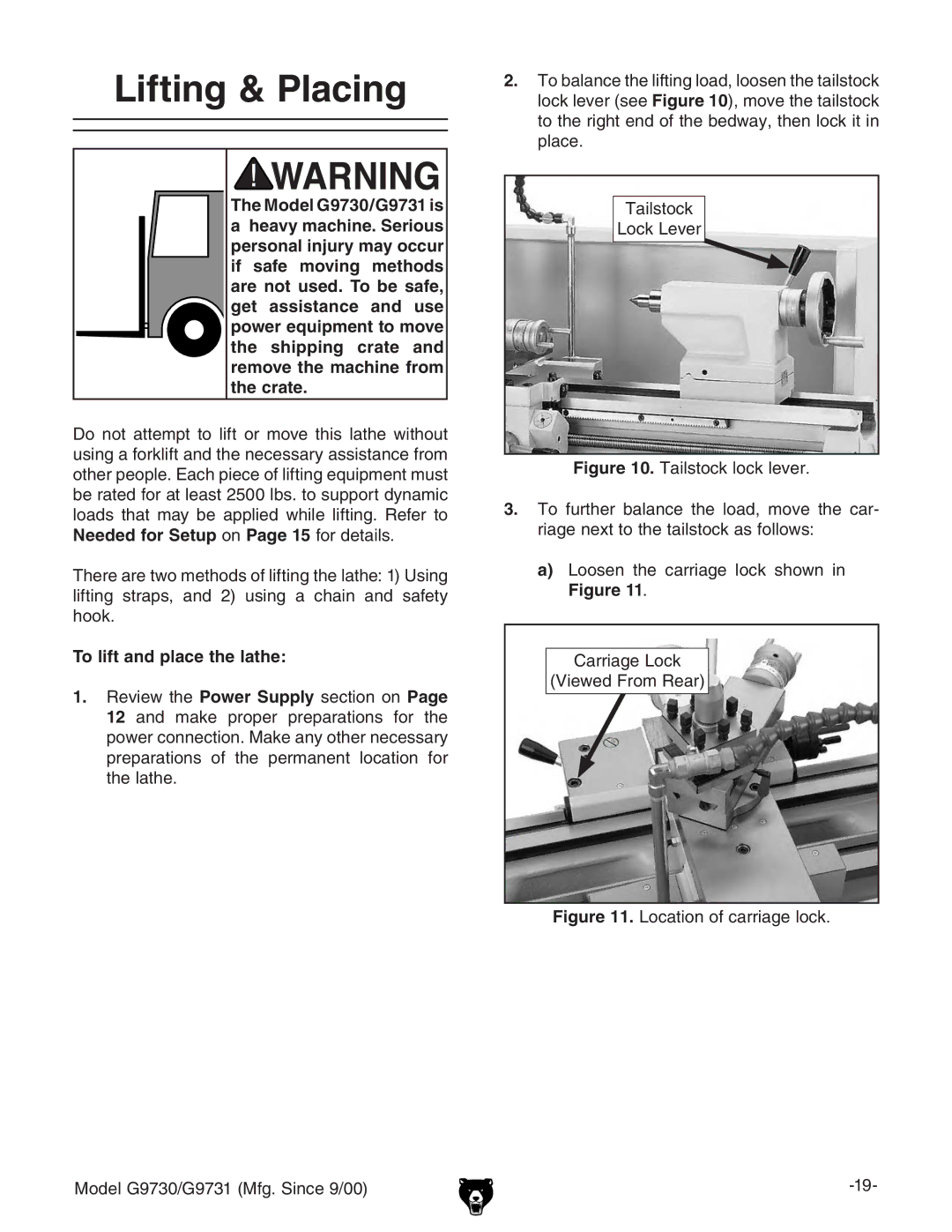 Grizzly G97030 owner manual Lifting & Placing, To lift and place the lathe, IVahidX` AdX`AZkZg 