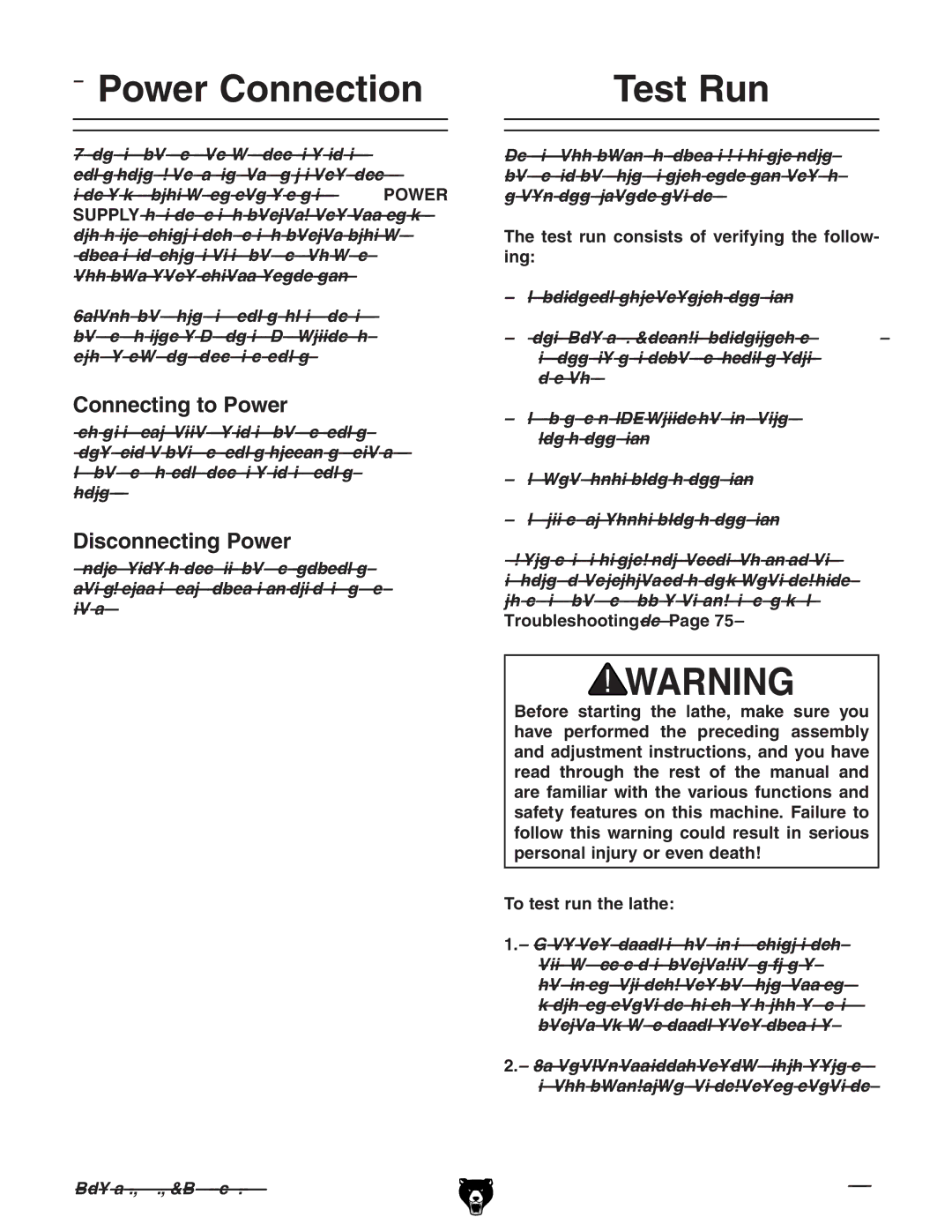 Grizzly G97030 owner manual  Power Connection Test Run, Connecting to Power, Disconnecting Power 