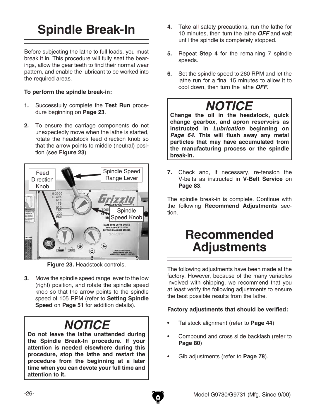 Grizzly G97030 owner manual Spindle Break-In, Recommended Adjustments, To perform the spindle break-in 