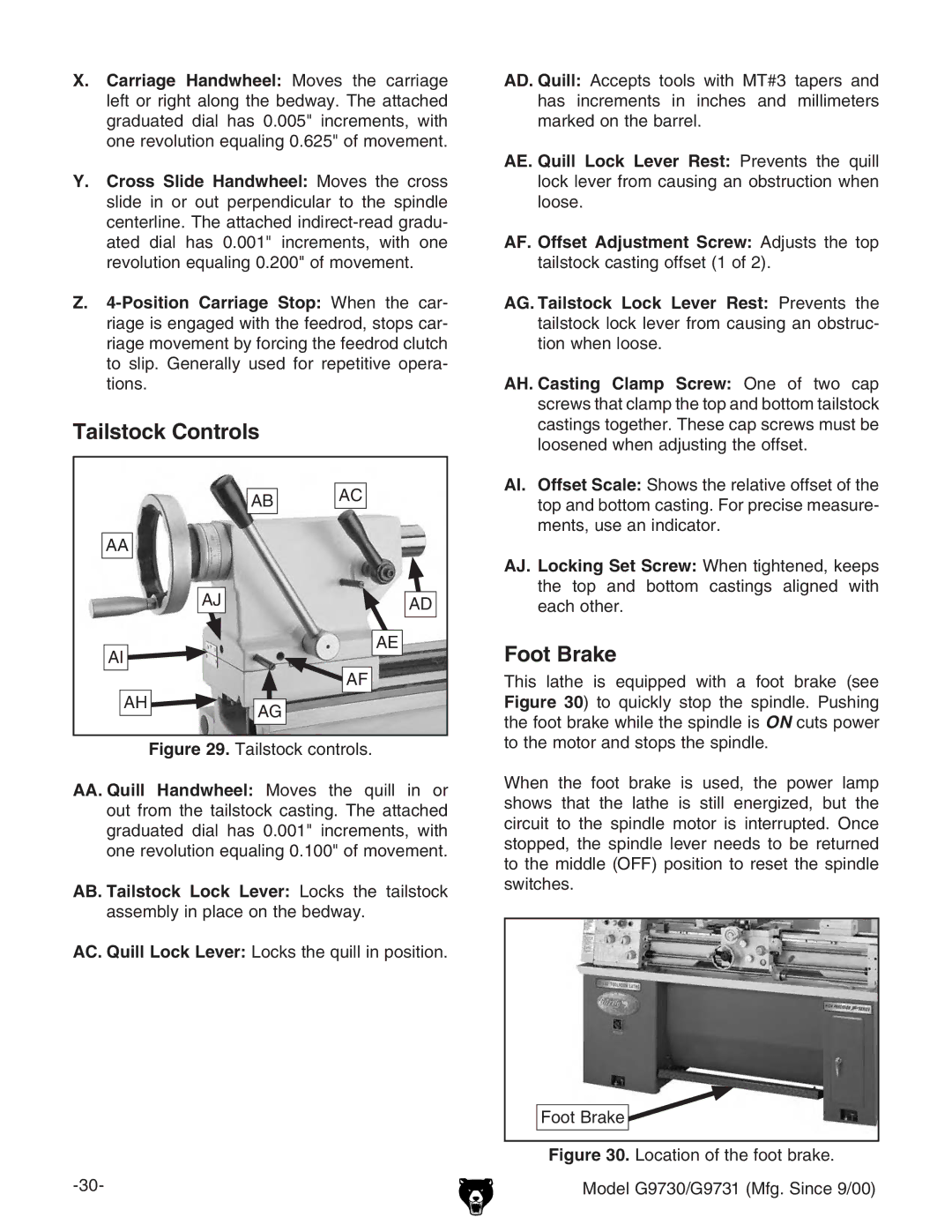 Grizzly G97030 owner manual Tailstock Controls, Foot Brake, AJ. Locking Set Screw LZci\iZcZY!`ZZeh 