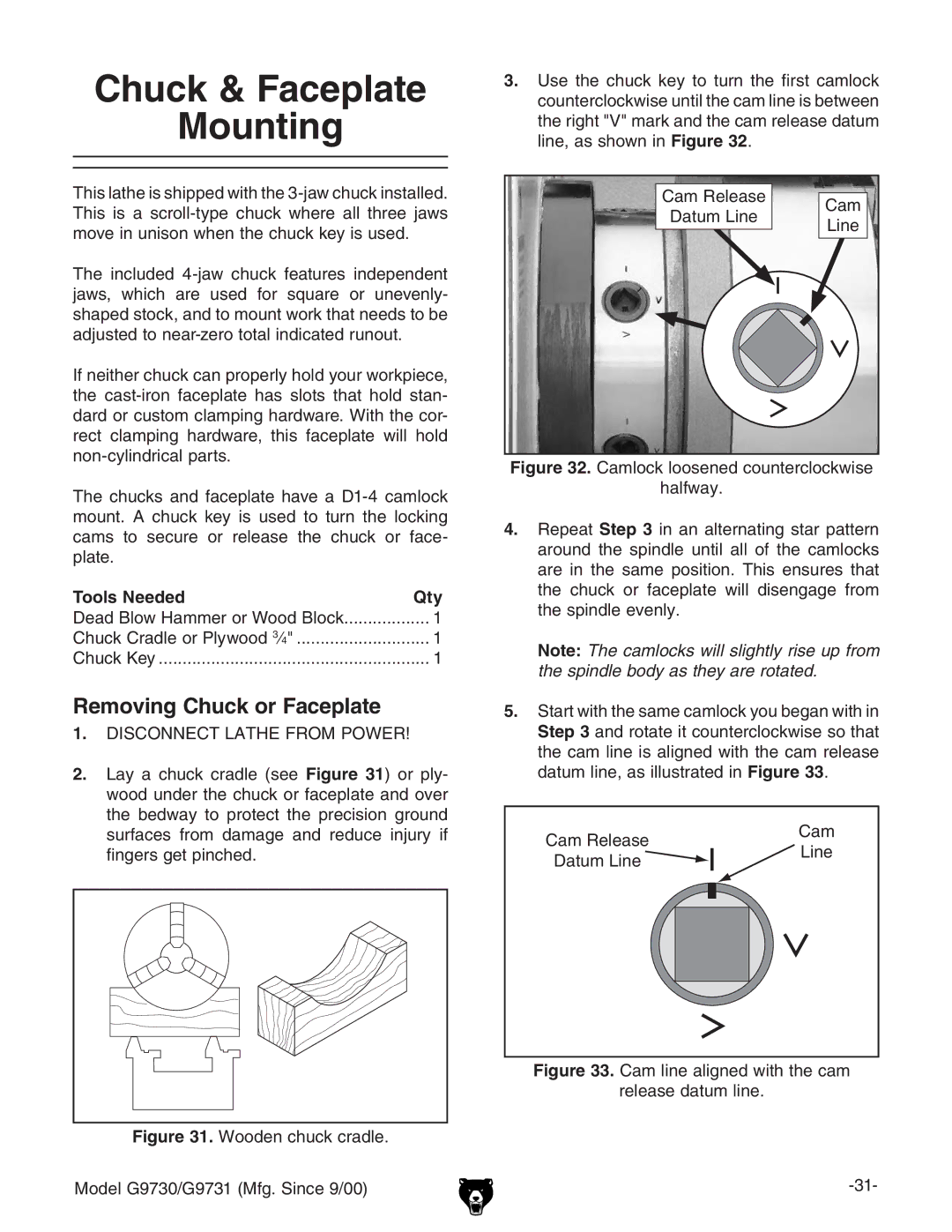 Grizzly G97030 Chuck & Faceplate Mounting, Removing Chuck or Faceplate, Tools NeededQty, 8VbGZaZVhZ 8Vb 9VijbAcZ AcZ 