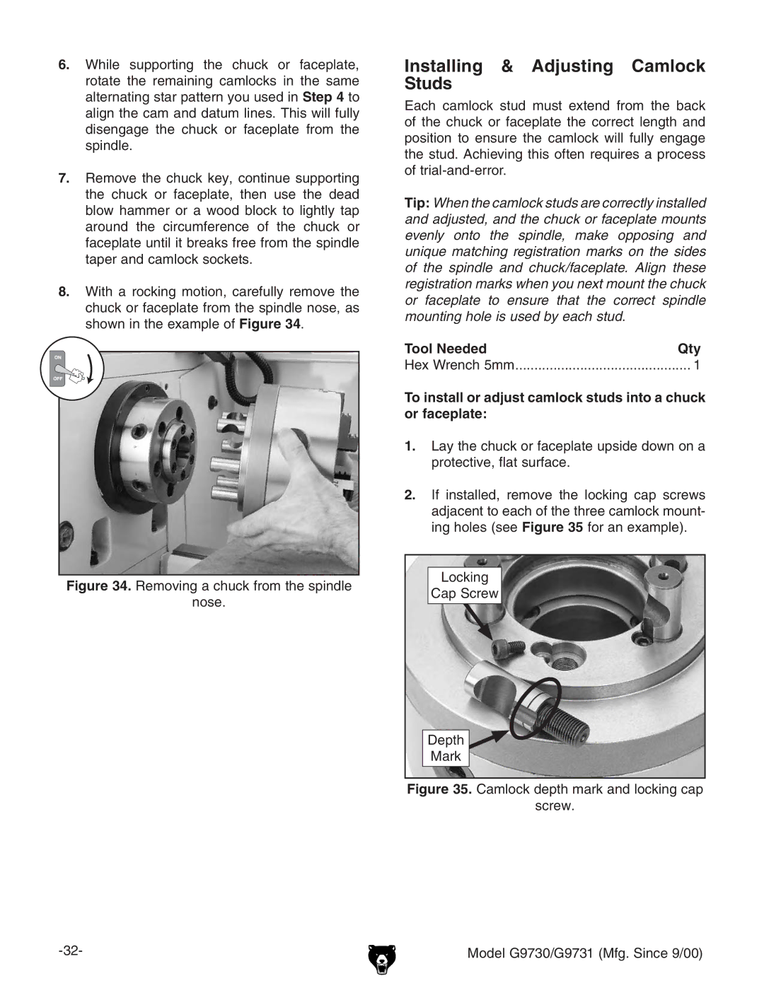 Grizzly G97030 owner manual Installing & Adjusting Camlock Studs, Tool NeededQty, AdX`c\ 8VeHXgZl 9Zei BVg` 