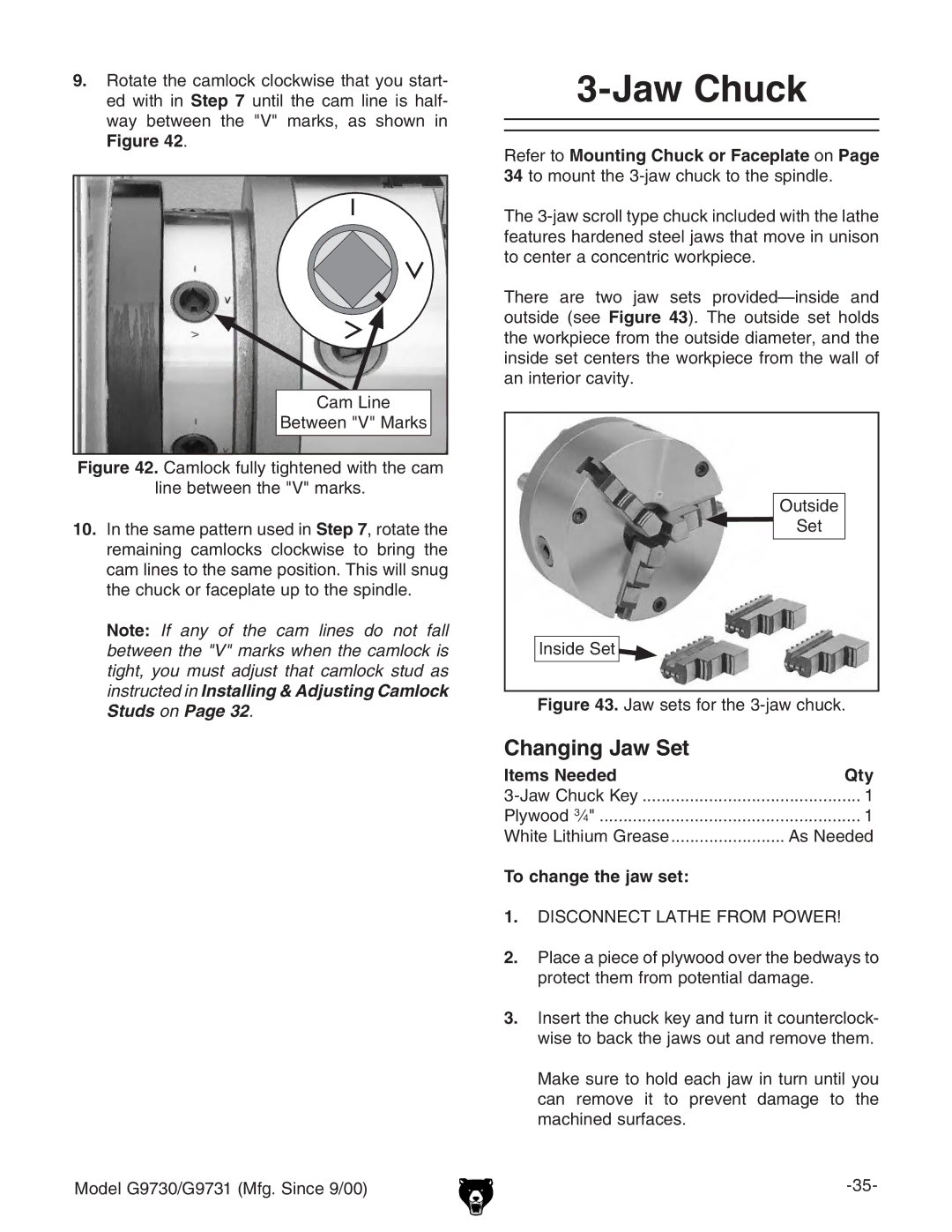 Grizzly G97030 owner manual Jaw Chuck, Changing Jaw Set, Items NeededQty, To change the jaw set 