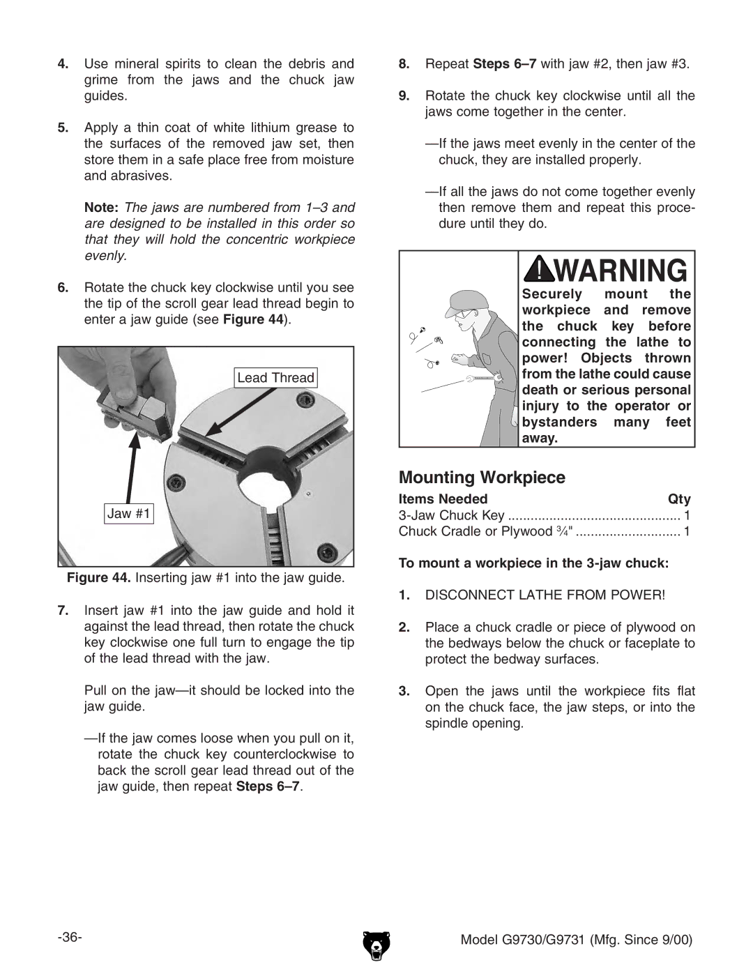 Grizzly G97030 owner manual Mounting Workpiece, To mount a workpiece in the 3-jaw chuck 