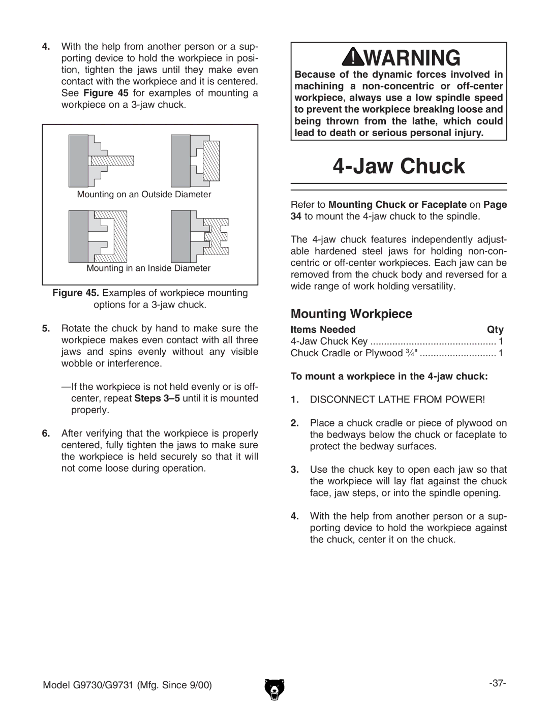 Grizzly G97030 owner manual To mount a workpiece in the 4-jaw chuck, Bdjcic\dcVcDjihYZ9VbZiZg Bdjcic\cVcchYZ9VbZiZg 