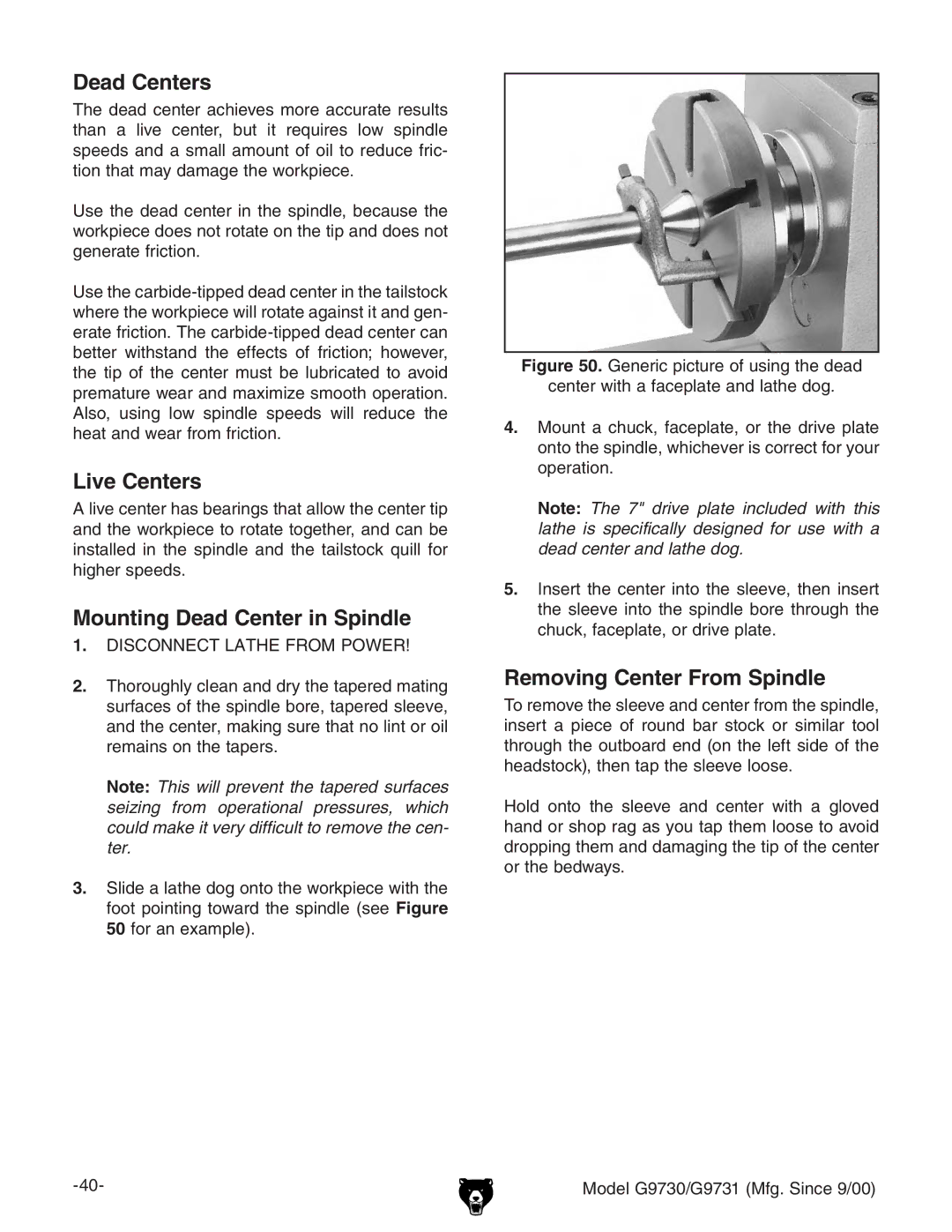 Grizzly G97030 owner manual Dead Centers, Live Centers, Mounting Dead Center in Spindle, Removing Center From Spindle 