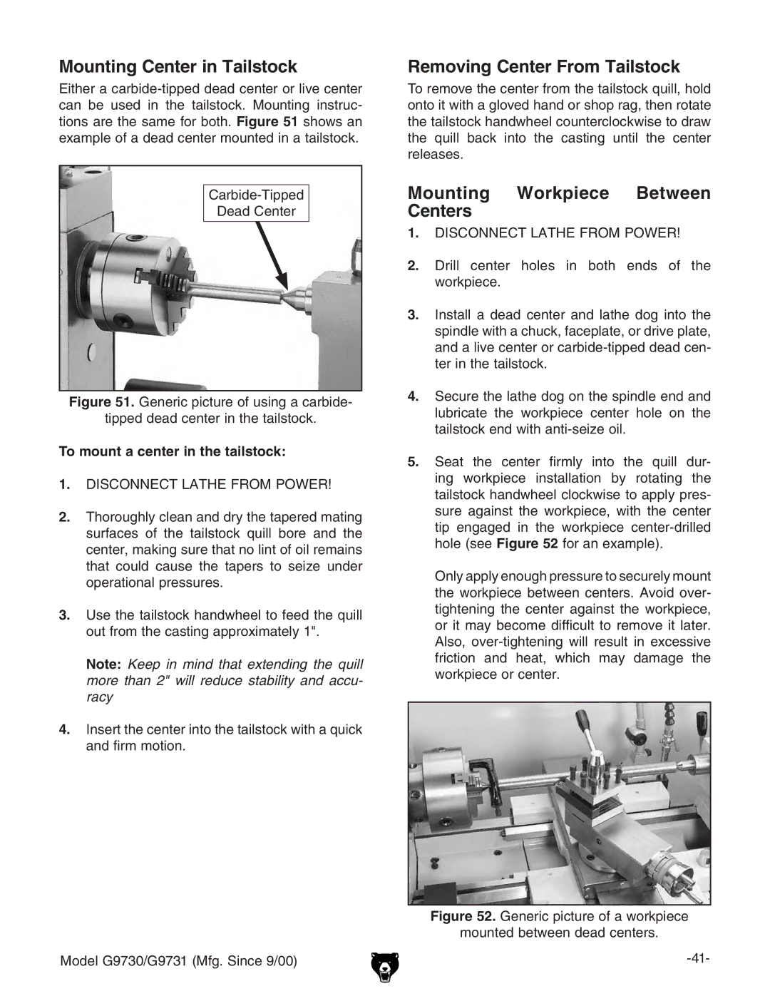 Grizzly G97030 Mounting Center in Tailstock, Removing Center From Tailstock, Mounting Workpiece Between Centers 