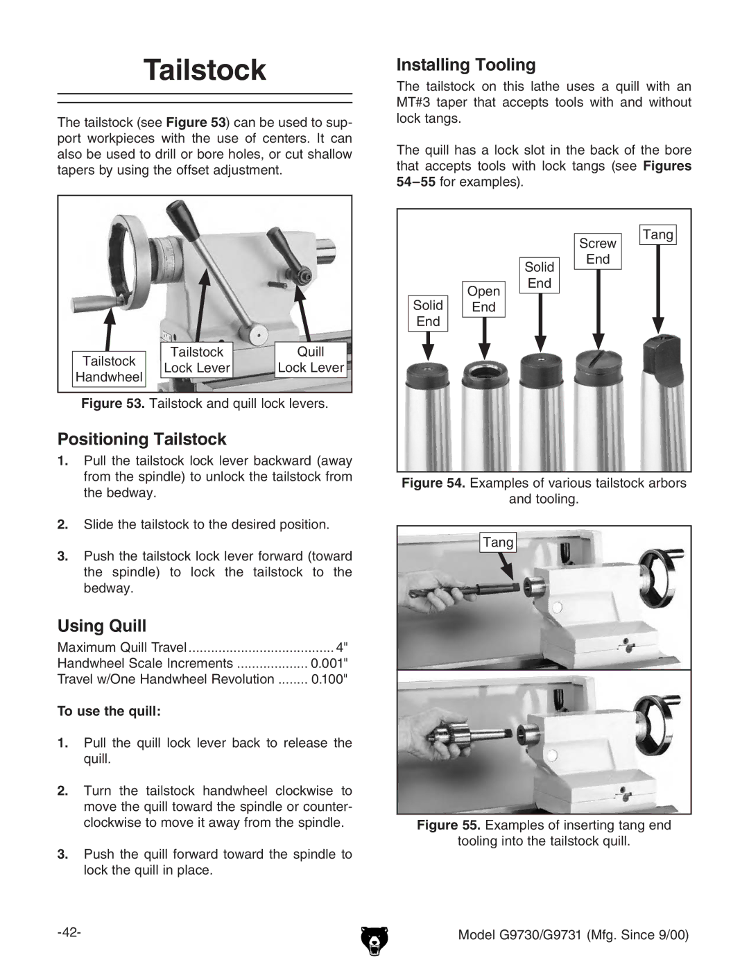 Grizzly G97030 owner manual Installing Tooling, Positioning Tailstock, Using Quill, To use the quill 