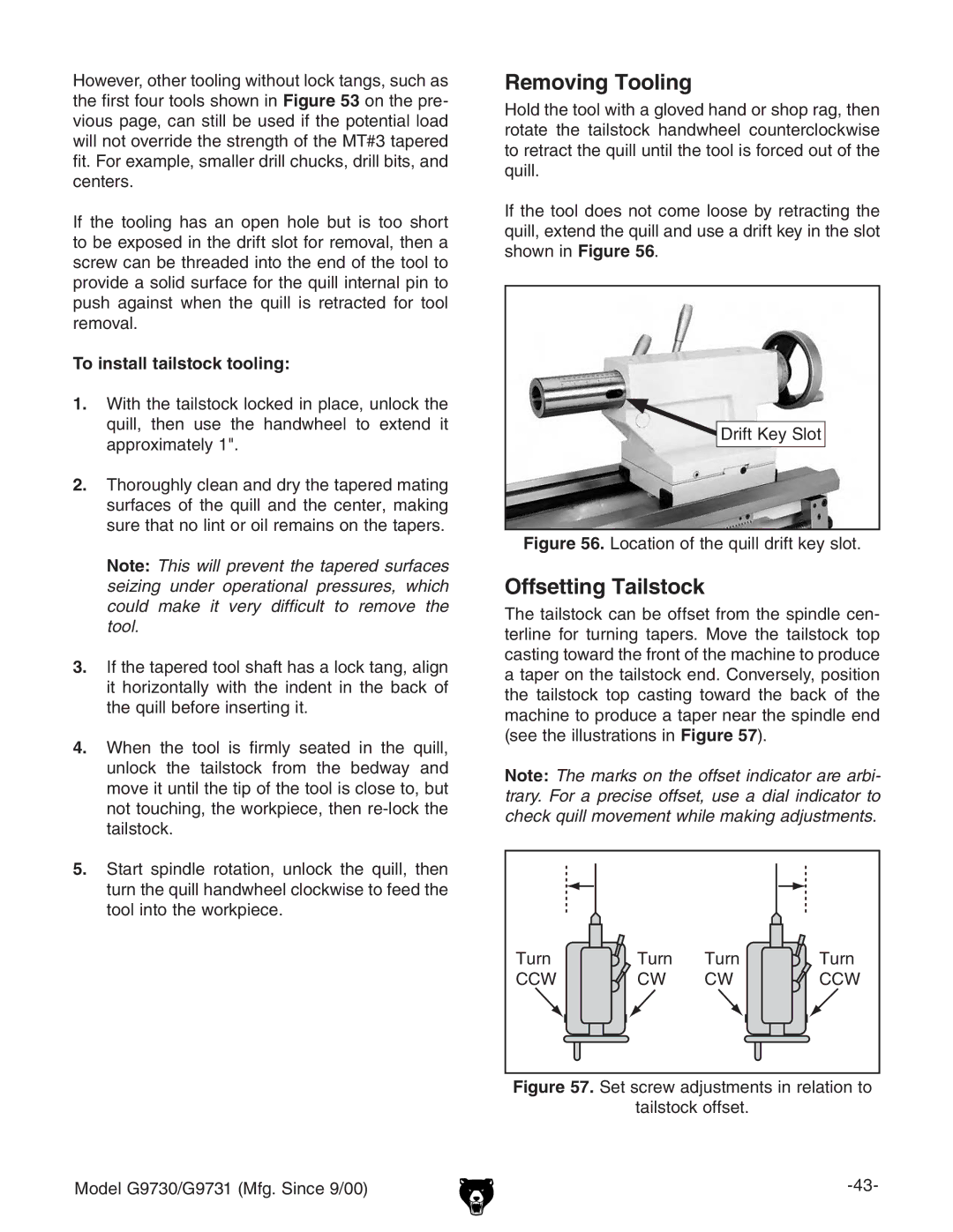 Grizzly G97030 owner manual Removing Tooling, Offsetting Tailstock, To install tailstock tooling, 9gi@ZnHadi, Ijgc 88L 