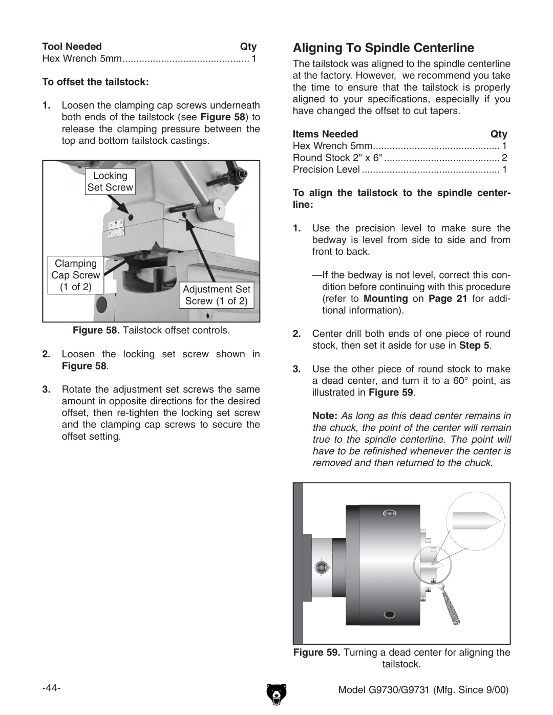 Grizzly G97030 owner manual Aligning To Spindle Centerline, Tool Needed Qty, To offset the tailstock 