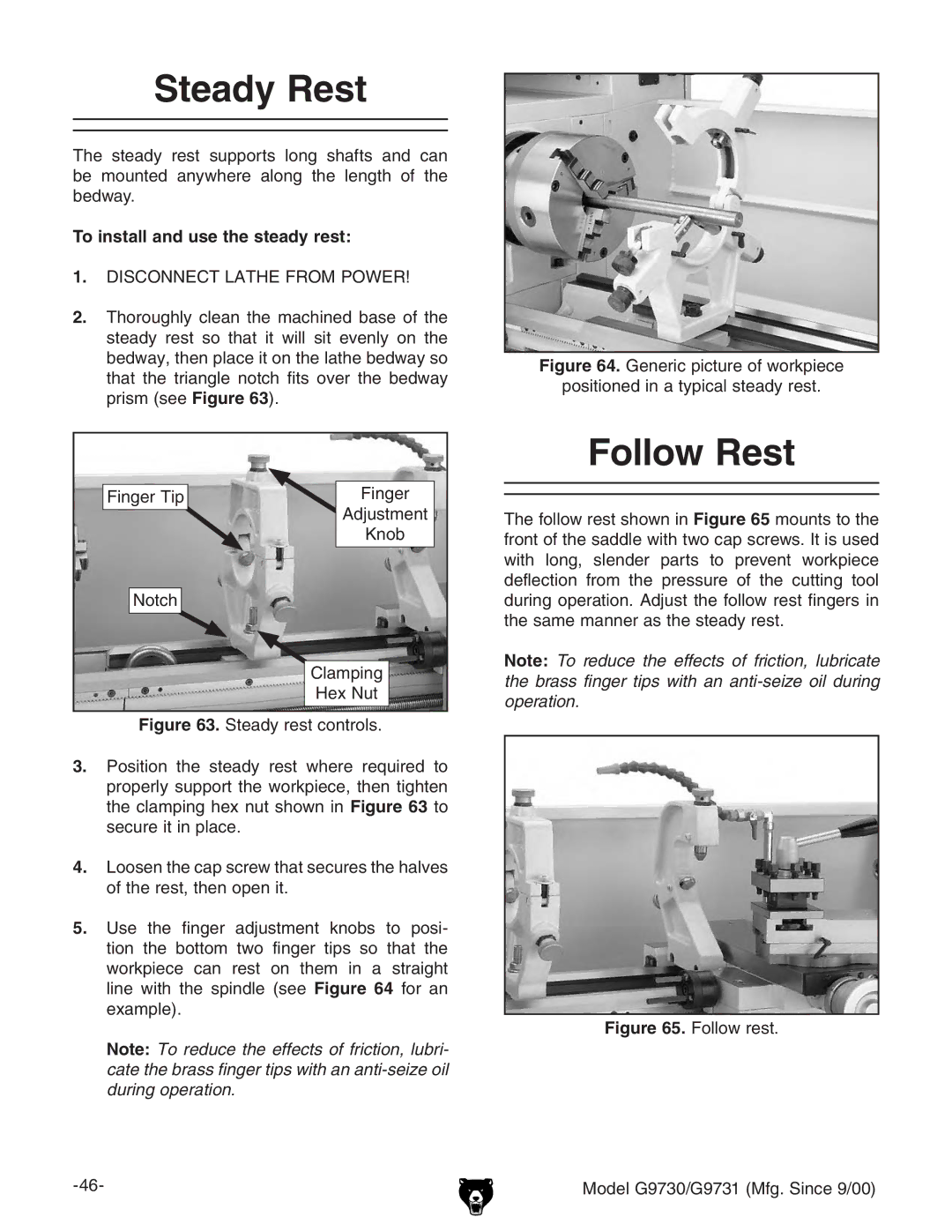 Grizzly G97030 owner manual Steady Rest, Follow Rest, To install and use the steady rest, ZgIe 6YjhibZci, CdiX 8aVbec 