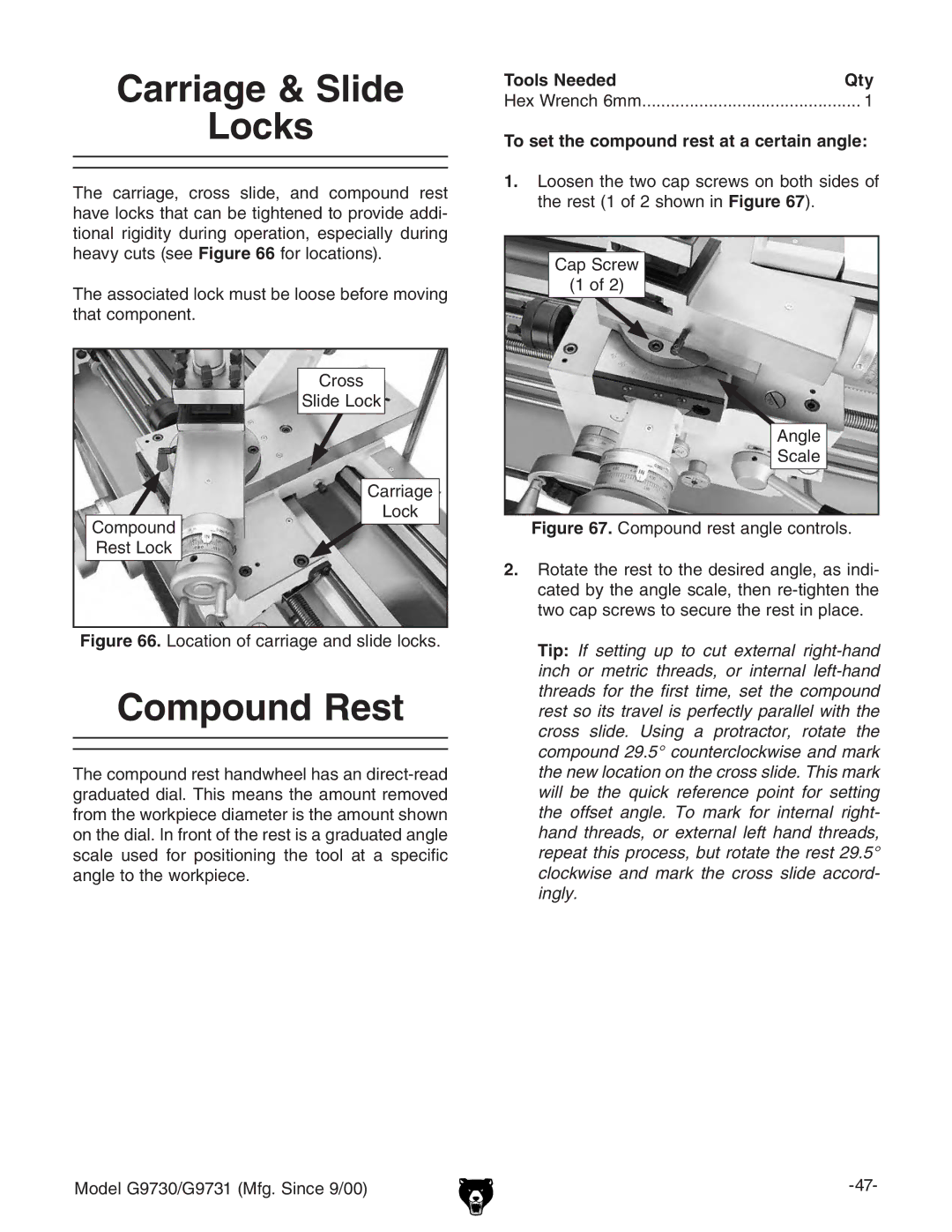 Grizzly G97030 Carriage & Slide Locks, Compound Rest, Tools Needed Qty, To set the compound rest at a certain angle 