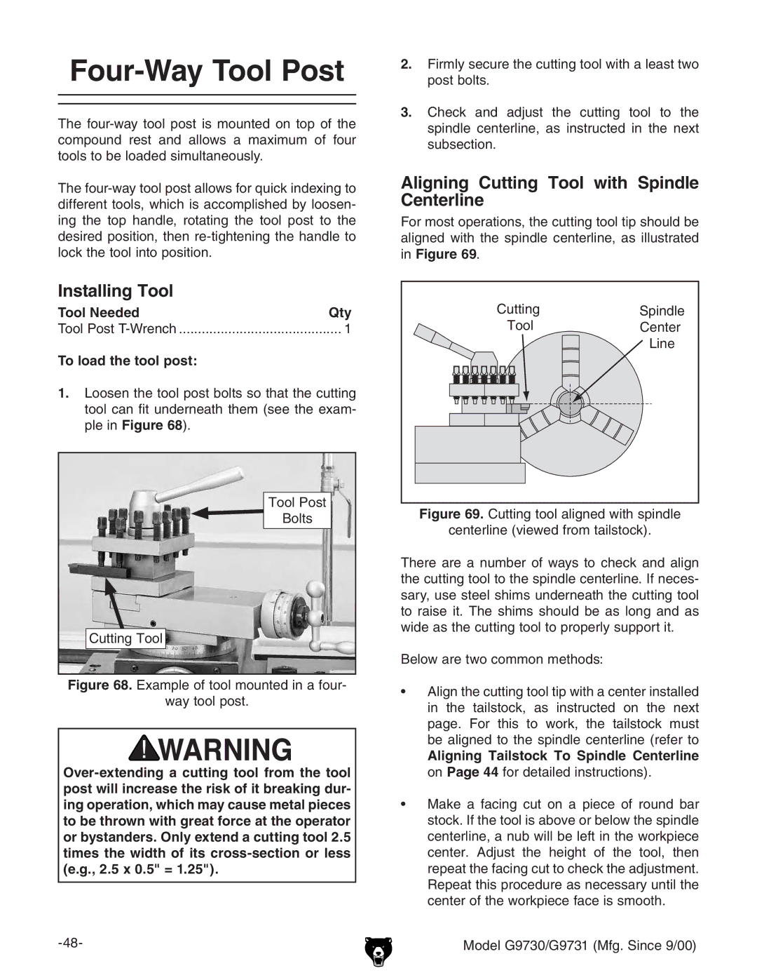 Grizzly G97030 owner manual Four-Way Tool Post, Installing Tool, Aligning Cutting Tool with Spindle Centerline 