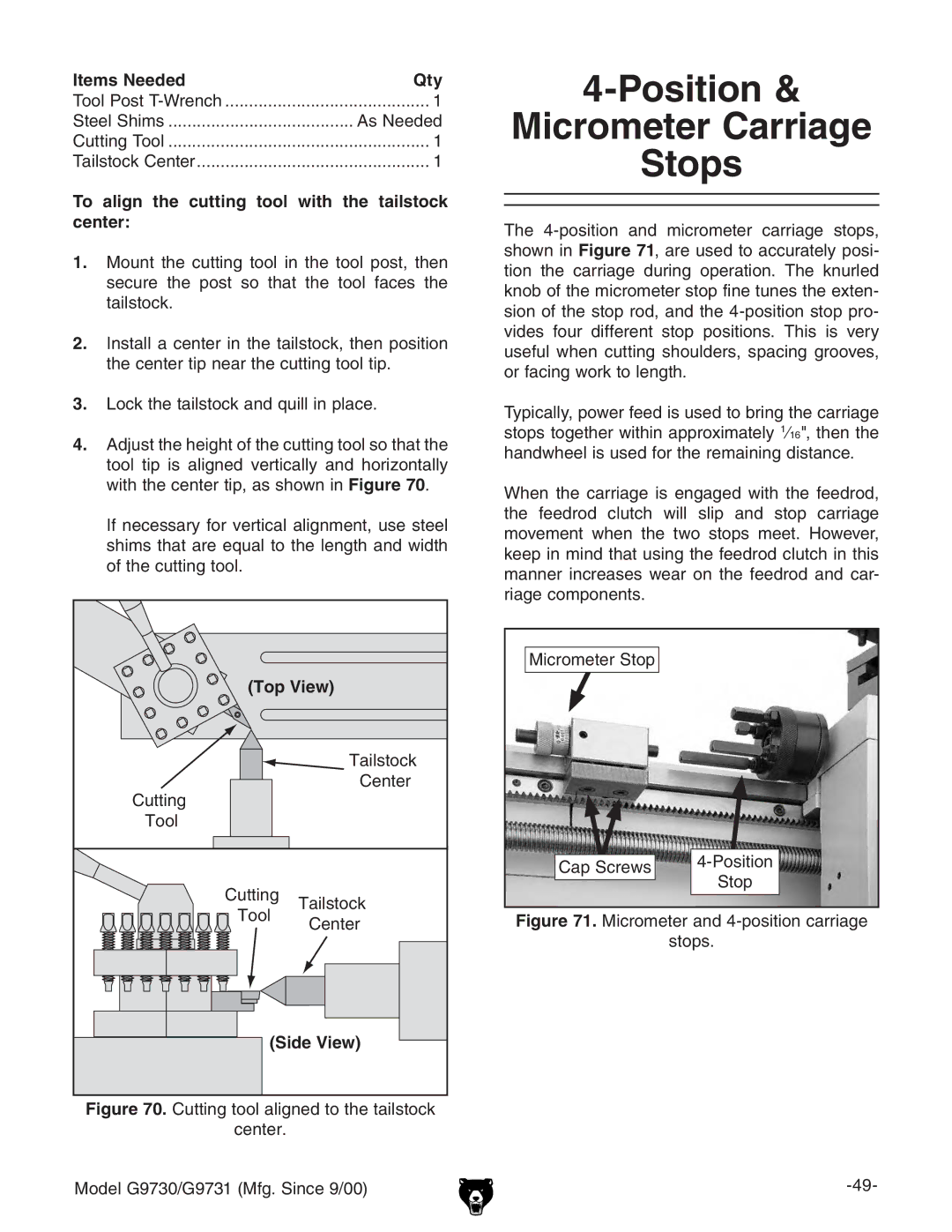 Grizzly G97030 Position Micrometer Carriage Stops, To align the cutting tool with the tailstock center, Top View 