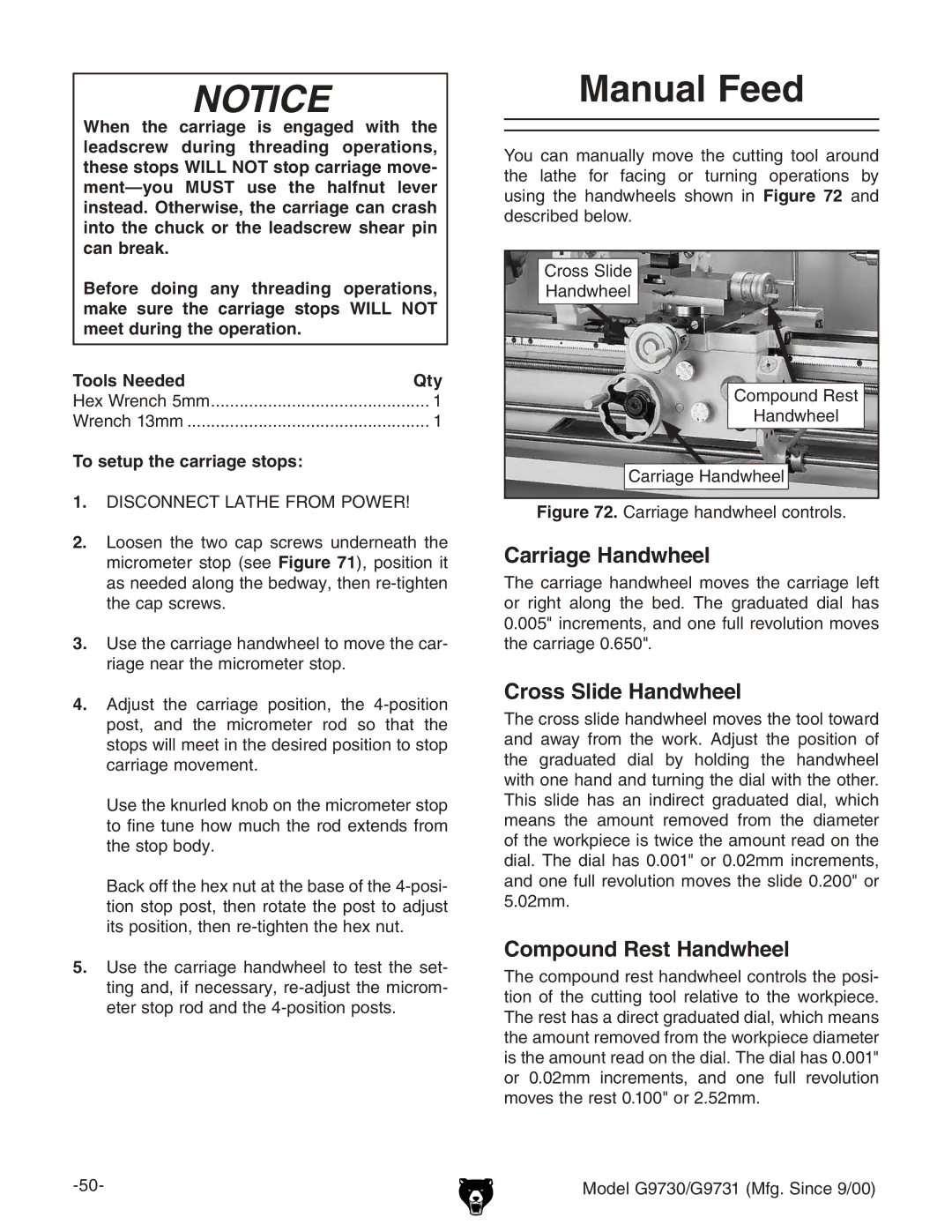 Grizzly G97030 owner manual Manual Feed, Carriage Handwheel, Cross Slide Handwheel, Compound Rest Handwheel 