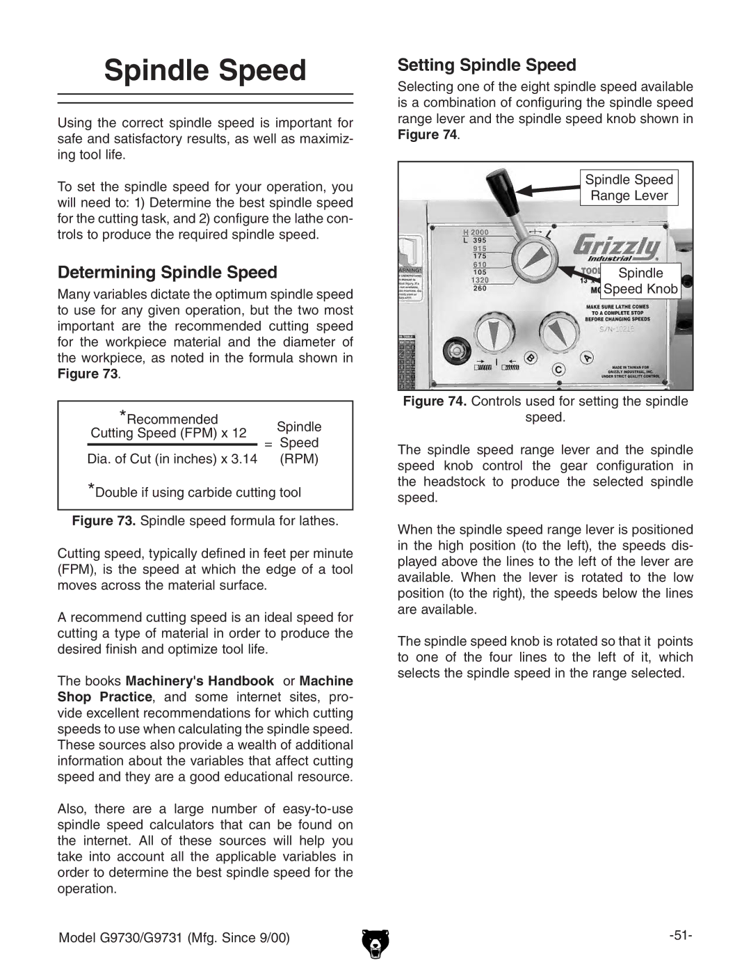 Grizzly G97030 owner manual Determining Spindle Speed, Setting Spindle Speed, 9djWaZjhc\XVgWYZXjiic\idda 